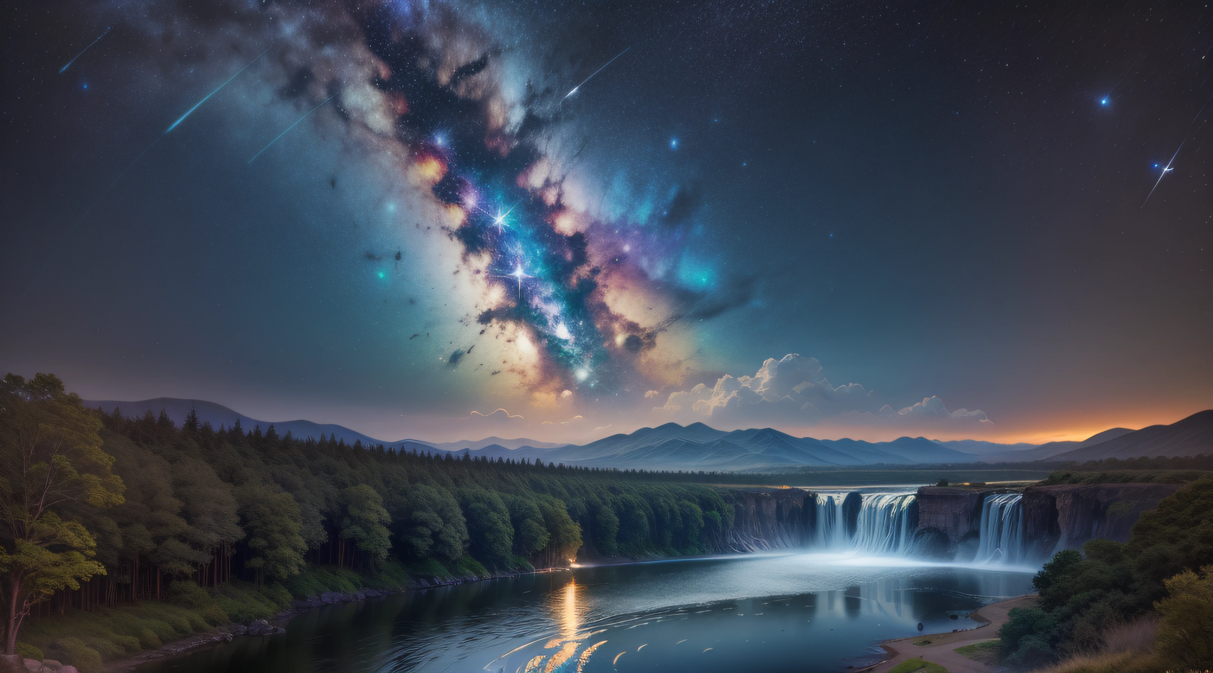 colourfull、Colorful Milky Way、Ultra Wide Shot、The vast starry sky、Chii、There is a pond、large waterfall、hight30m Waterfall、a river、a moon、colorful scenery、Lots of stars、Shining stars、8K、4K、超A high resolution