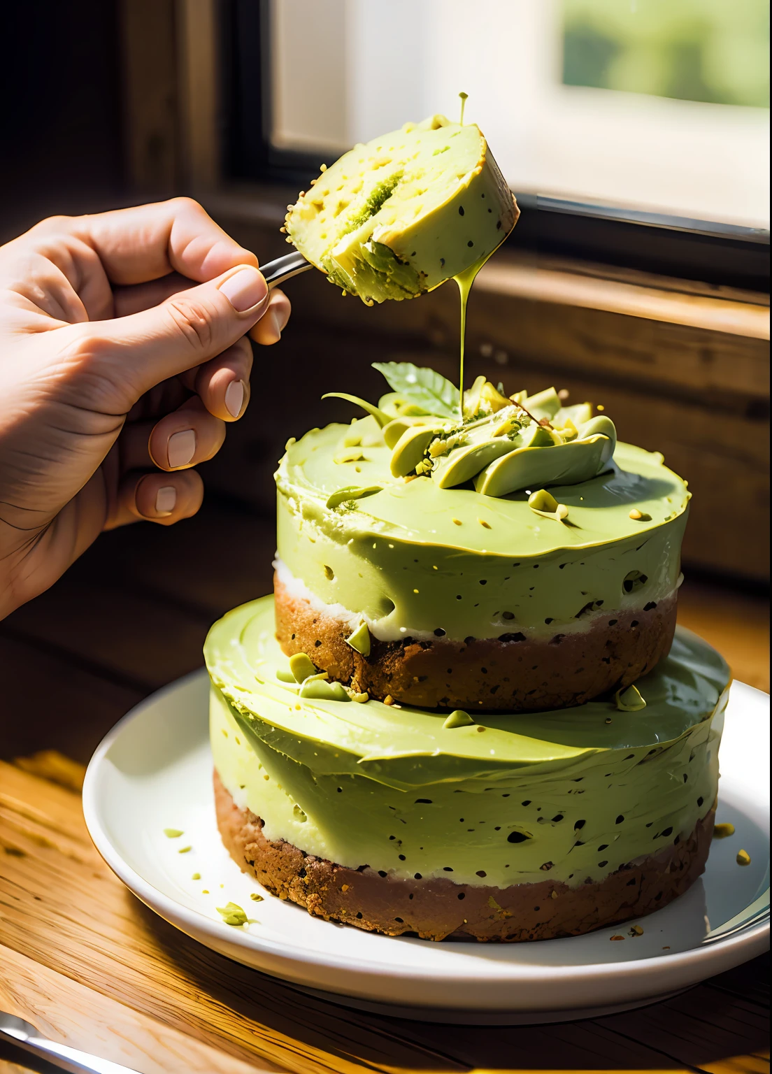 delicious matcha cake, photorealistic, yummy