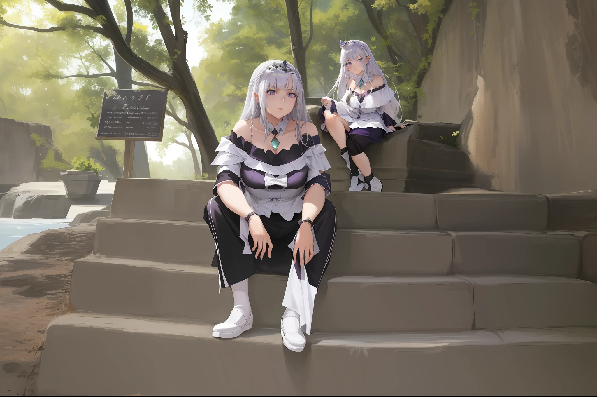 Best quality, highly detailed, masterpiece, super detailed, (realism: 1.2), 1 girl, (white background), simple background, delicate eyes, silver hair, purple eyes, hair_ornament, (white off-the-shoulder shirt: 1.3), long hair, pointed ears, crown braids, expressionless face, straight hair, (++ sitting: 1.2), big breasts,