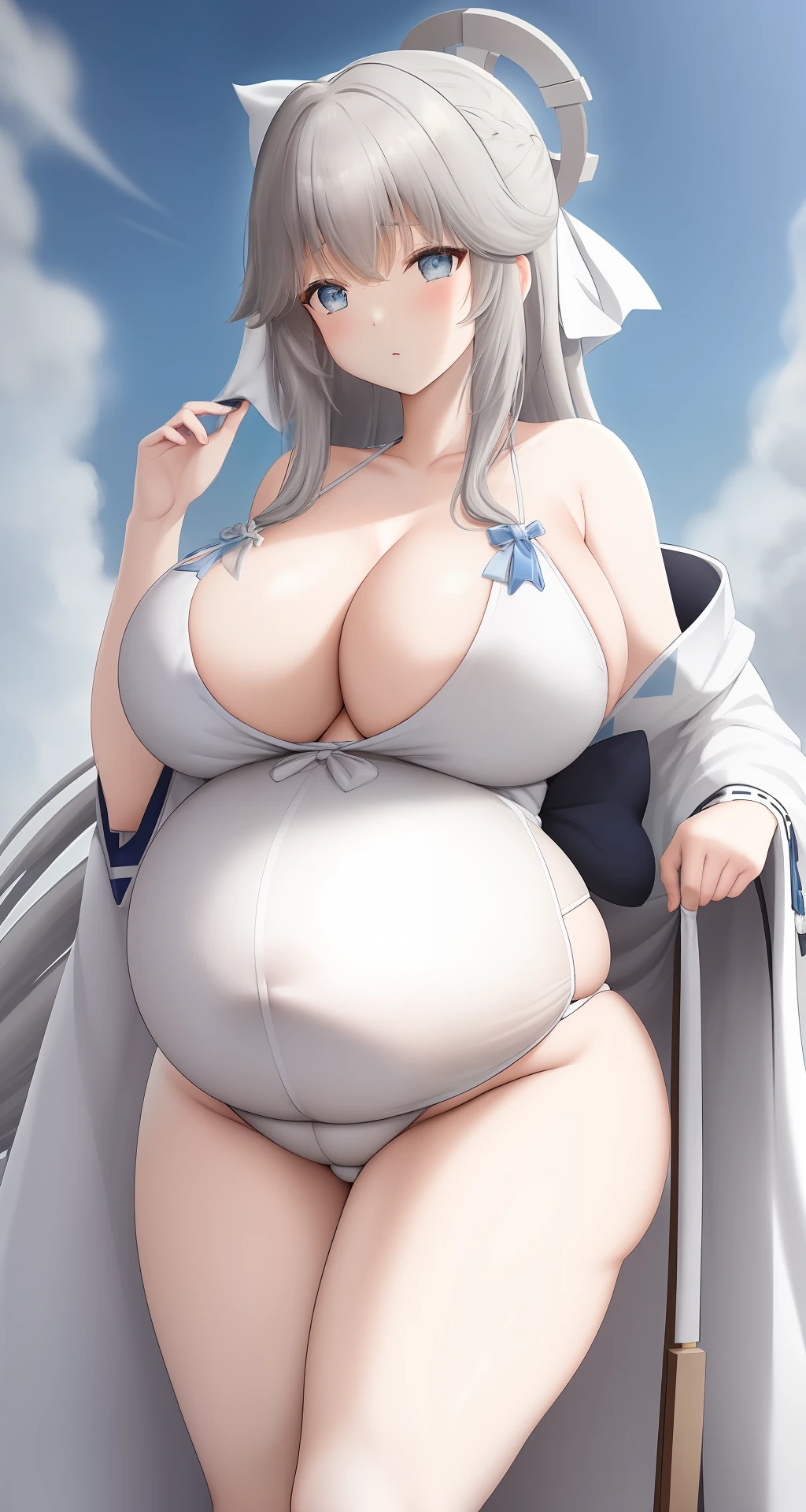 ((obra maestra)), ((mejor calidad)), ((Altas Resoluciones)), ((extremadamente detallado CG unidad 8k wallpaper)),(cabello gris:1.9) (híper pregnant)El cabello es de un color gris de longitud media ,Yumi Hara (Senran Kagura),(Senos grandes:1.9)(huge large pregnant :1.5)Belly Expansion,(large Belly:1.5),belly al descubierto,has pale white skin and icy blue eyes. Her hair is a medium-length dark gray color that is slightly repressed at the back with a white bow that has blue stripes at the ends......., She wears a solid white kimono that hangs from her shoulders and exposes her chest......... The suit has a blue double-lined border with a light blue obi on the back.....,