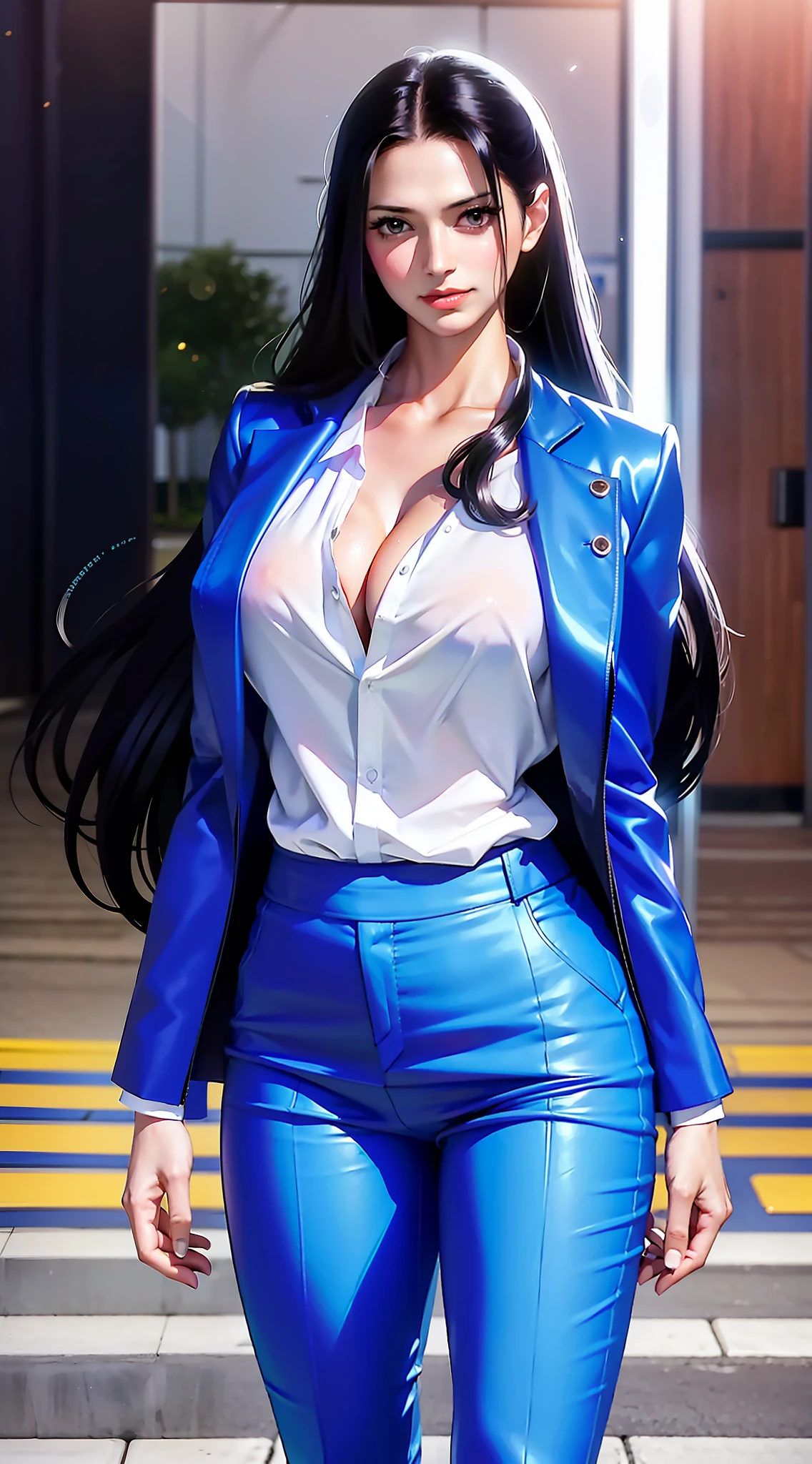 nico robin from anime one piece, long hair, black hair, beautiful, beautiful woman, perfect body, standing, wearing formal clothes, wearing a white shirt, blue suit, blue pants, looking at the audience, smiling, being in a public place, being in roadside, located in tokyo city, hd quality, 4k