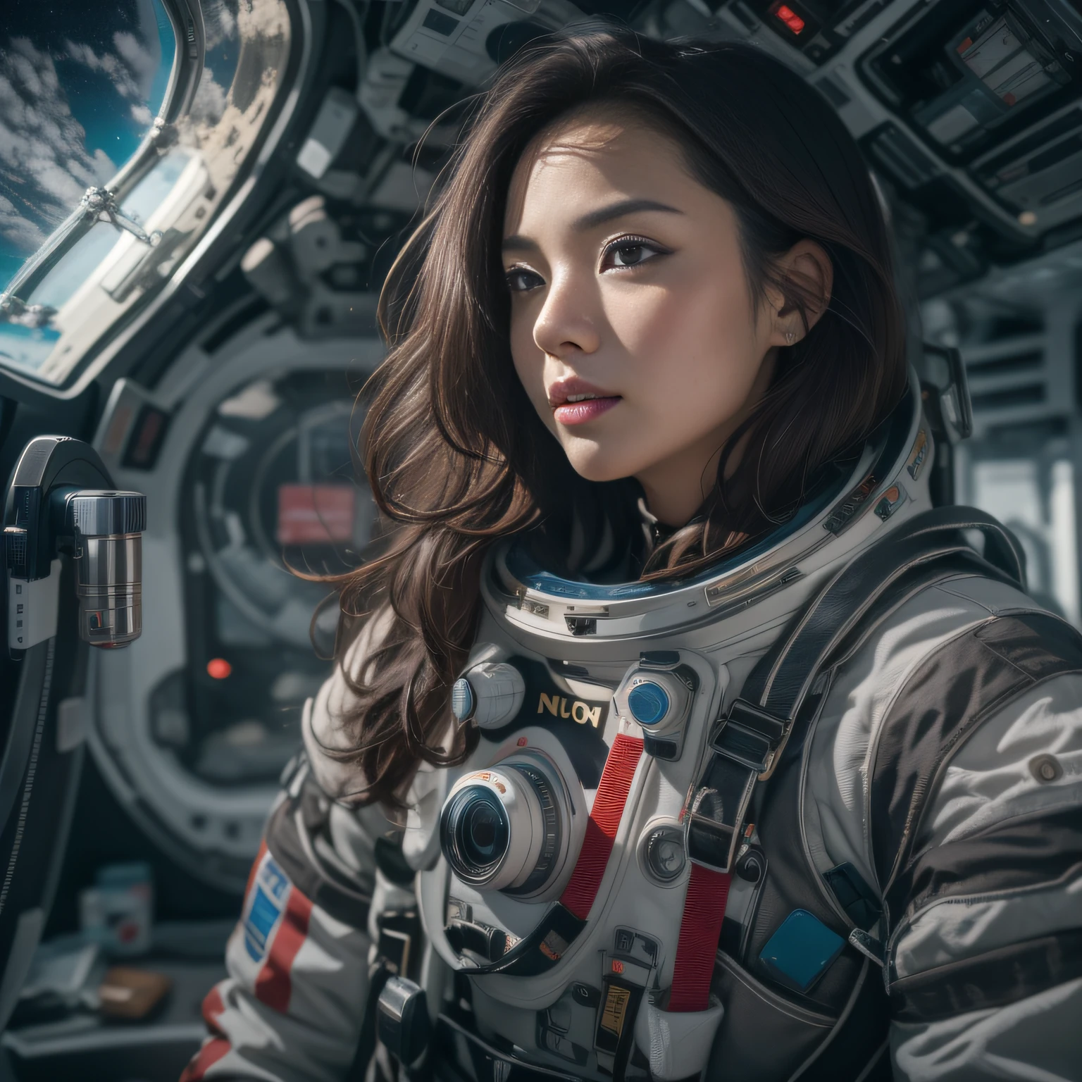 16k, RAW photo, Top quality，A half body，Lateral face，Look up at the perspective, Masterpiece（hyper HD）brunette color hair，outerspace， （realisticlying：1.4），Spacesuit， A high resolution， the detail， RAW photogr， Sharp Re， Nikon D850 Film Stock Photo by Jefferies Lee 4 Kodak Portra 400 Camera F1.6 shots, Rich colors, ultra-realistic vivid textures, Dramatic lighting, Unreal Engine Art Station Trend, cinestir 800，