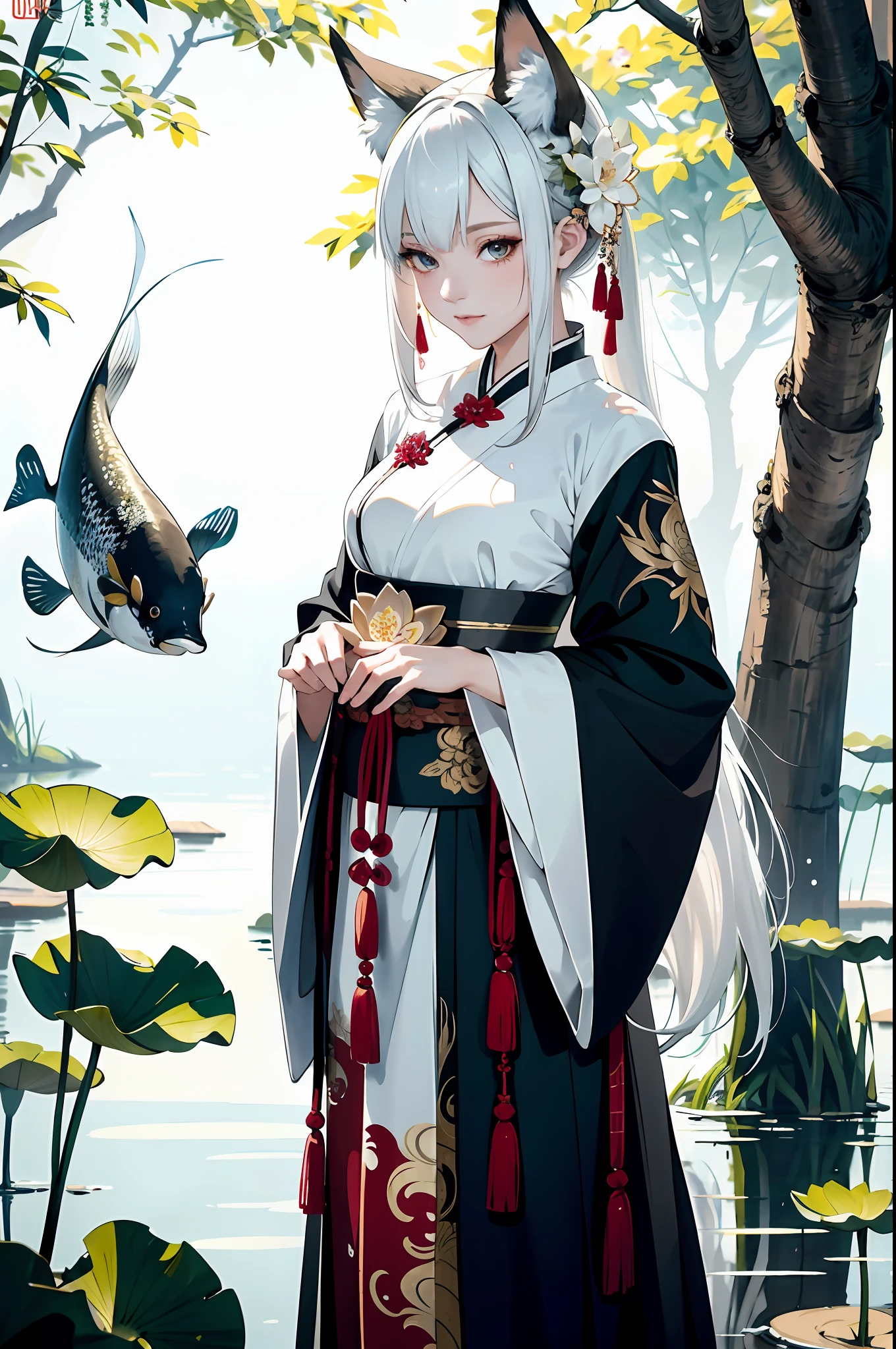 ((4K, Masterpiece, Best Quality)), Ink Painting, Traditional Chinese Ink Painting, Lotus, Hanfu, Maxi Kit, Modestly Dressed One Girl, Solo, White Hair, Long Hair, Fox Ears, Caucasian, Bikini, Fish, Many Nearby fish looking at viewer teasing