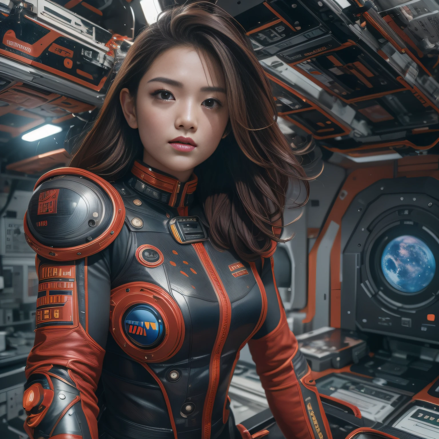 16k, RAW photo, Top quality，A half body，Lateral face，Look up at the perspective, Masterpiece（hyper HD）brunette color hair，outerspace， （realisticlying：1.4），Spacesuit， A high resolution， the detail， RAW photogr， Sharp Re， Nikon D850 Film Stock Photo by Jefferies Lee 4 Kodak Portra 400 Camera F1.6 shots, Rich colors, ultra-realistic vivid textures, Dramatic lighting, Unreal Engine Art Station Trend, cinestir 800，