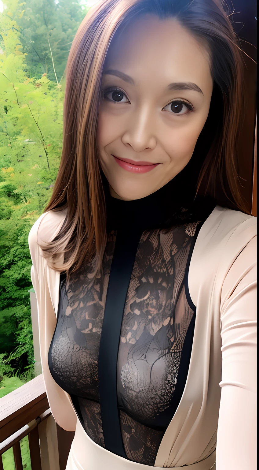 Dark brown hair, light brown eyes, Japan actress face, adult woman, face about 40 years old, (complex details: 1.2), (highest quality: 1.4), (ultra high definition: 1.2), ultra high resolution, (detailed eyes), (detailed facial features), HDR, 8k resolution, terrace in the woods, moderately sized breasts, wearing a thin sheer blouse shirt, bra showing through, Wearing a sheer tight miniskirt, buttocks, buttocks showing towards us, smooth knees,