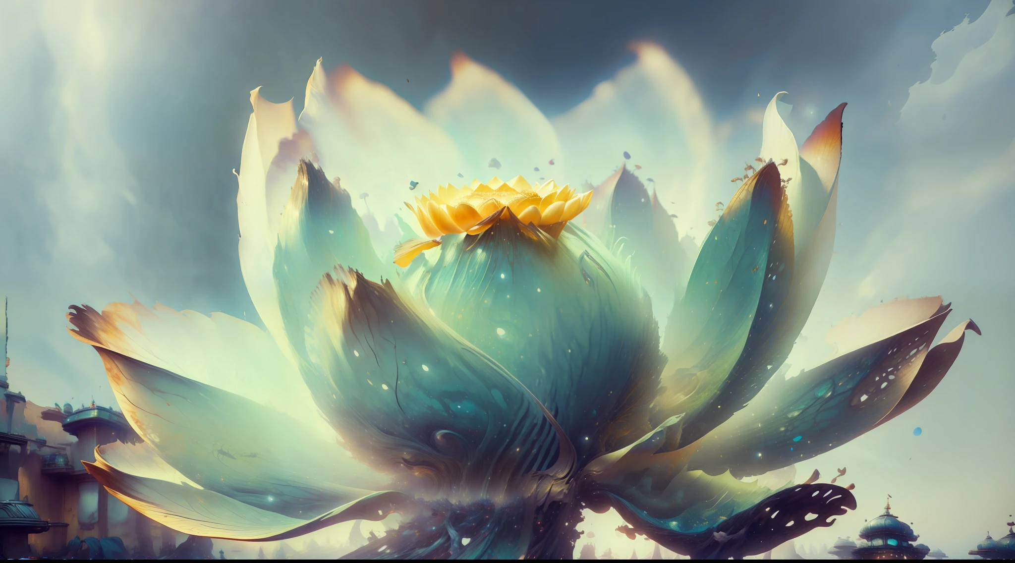 lotus flower，realisticlying，Bokeh，light particules，very highly detailed background，detailed face with，Detailed and complex busy background，Untidy，opulent，milkyW，Highly detailed hands，Realistic details of skin，Visible Pore，tack sharp focus，volume fog，8K  UHD，digital SLR camera，high qulity，filmgrain，White skin of the，photo-realism，lomo graphy，Huge metropolis in a dystopia of the future , look from down