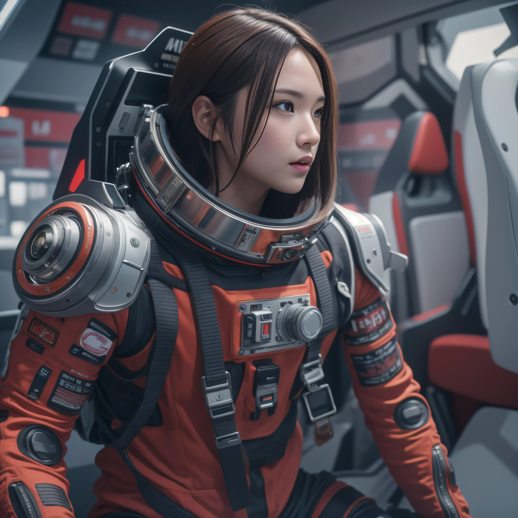 16k, RAW photo, Top quality，A half body，Lateral face，Look up at the perspective, Masterpiece（hyper HD）brunette color hair，outerspace， （realisticlying：1.4），Spacesuit， A high resolution， the detail， RAW photogr， Sharp Re， Nikon D850 Film Stock Photo by Jefferies Lee 4 Kodak Portra 400 Camera F1.6 shots, Rich colors, ultra-realistic vivid textures, Dramatic lighting, Unreal Engine Art Station Trend, cinestir 800，