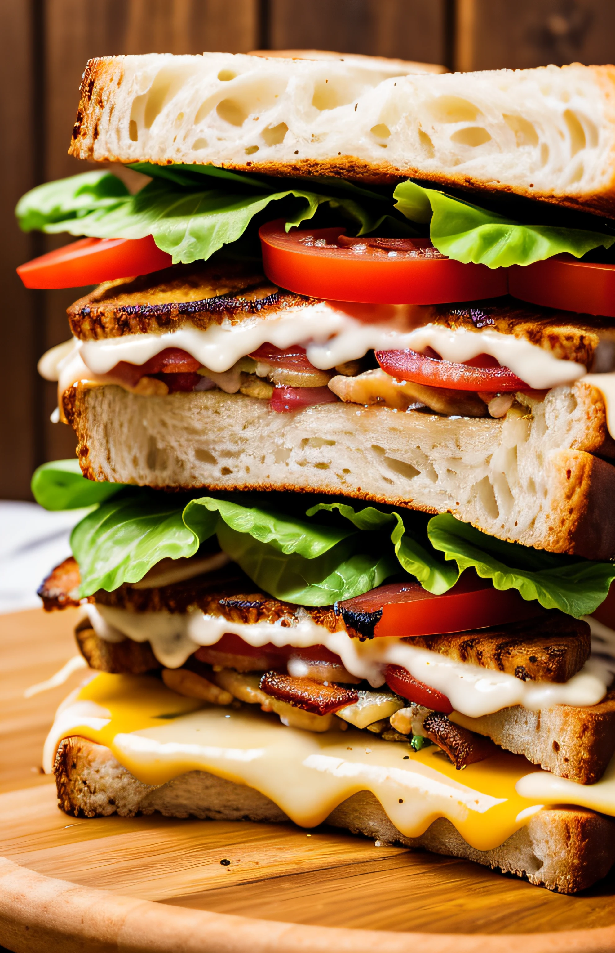 photo of a scrumptious BLT sandwich with extra bacon, (rustic diner background)+, seed bread, pepper jack cheese, (intricate details:1.12), hdr, (intricate details, hyperdetailed:1.15)