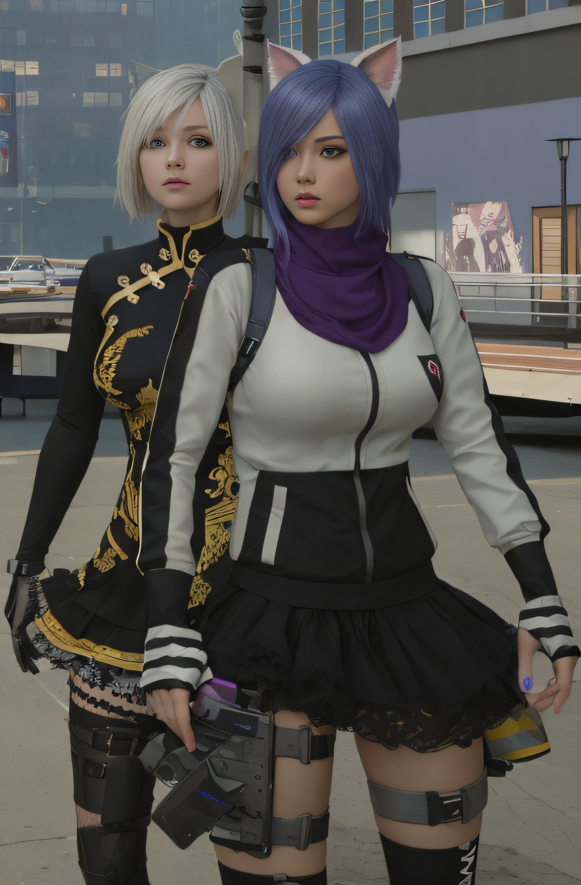 There are two women dressed in costumes rising from each other, Nixeu e Sakimichan, Captura de tela de jogabilidade de moda, medium shot of two characters, Avatar do Second Life, 2b, 2 b, KDA e Sam Yang, black-white skintight robes!, vestido com roupas crustpunk, roupas roxas e pretas, jrpg moda, estilo de jogo square enix, Motor irreal : : maquiagem, Retrato de Jinx de Arcane, menina atraente,  gatinha, gatinha jovem bonita,  com o rosto muito detalhado,