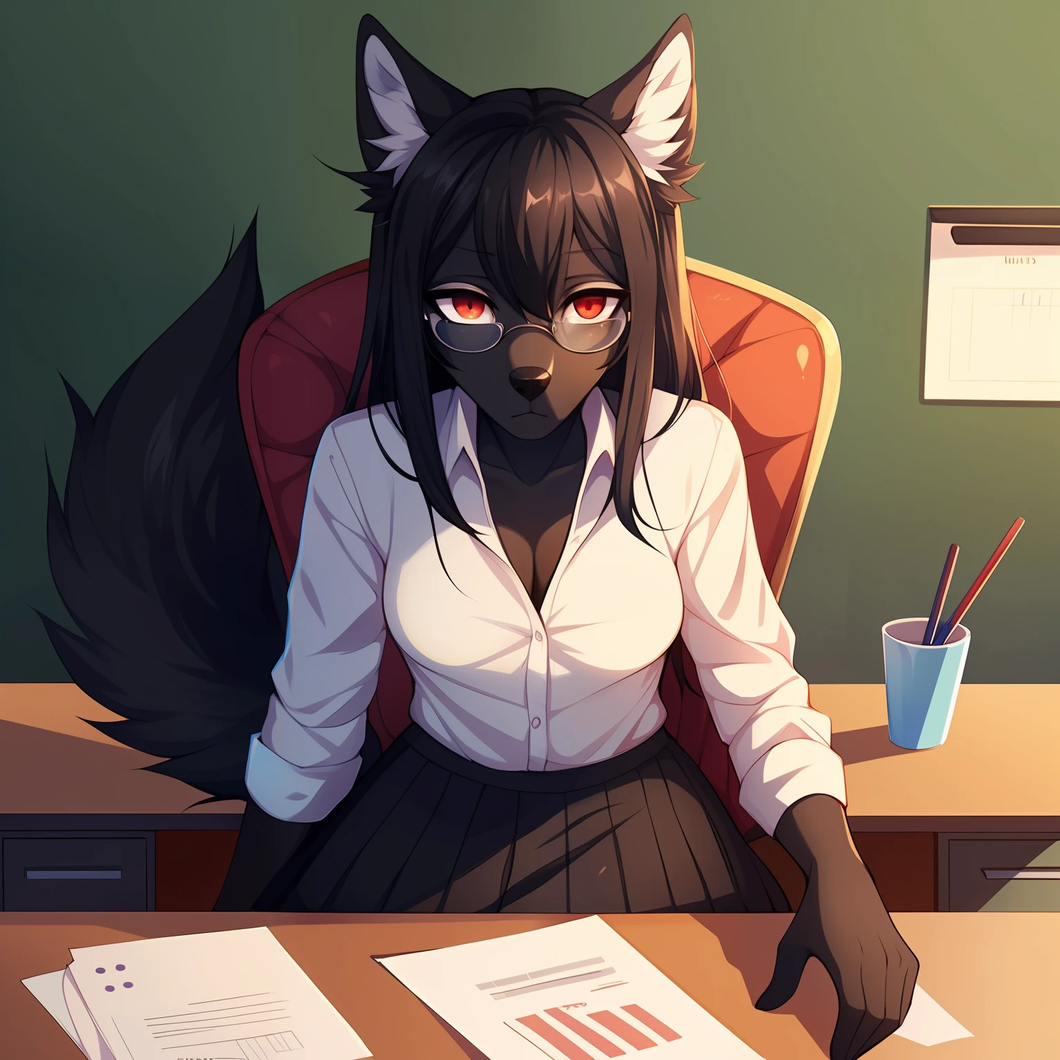 Solo, female focus, an anthro furry black female wolf, (all black body:1.2), (black fur:1.2), fluffy ears, fluffy tail, white fluff inside ears, solid red eyes, long black hair, (by fumiko, by hyattlen, by claweddrip), wearing elegant glasses, white button up shirt, medium length black skirt, (sitting on an office chair:1.2), (sitting behind a teachers desk:1.2), leaning on desk, in a classroom, (cute snout:1.1), looking surprised, wide eyes, small irises, small pupils, two legs, legs crossed, thick thighs, papers on desk, mouth slightly open, upper body shot, looking at viewer, behind a desk,