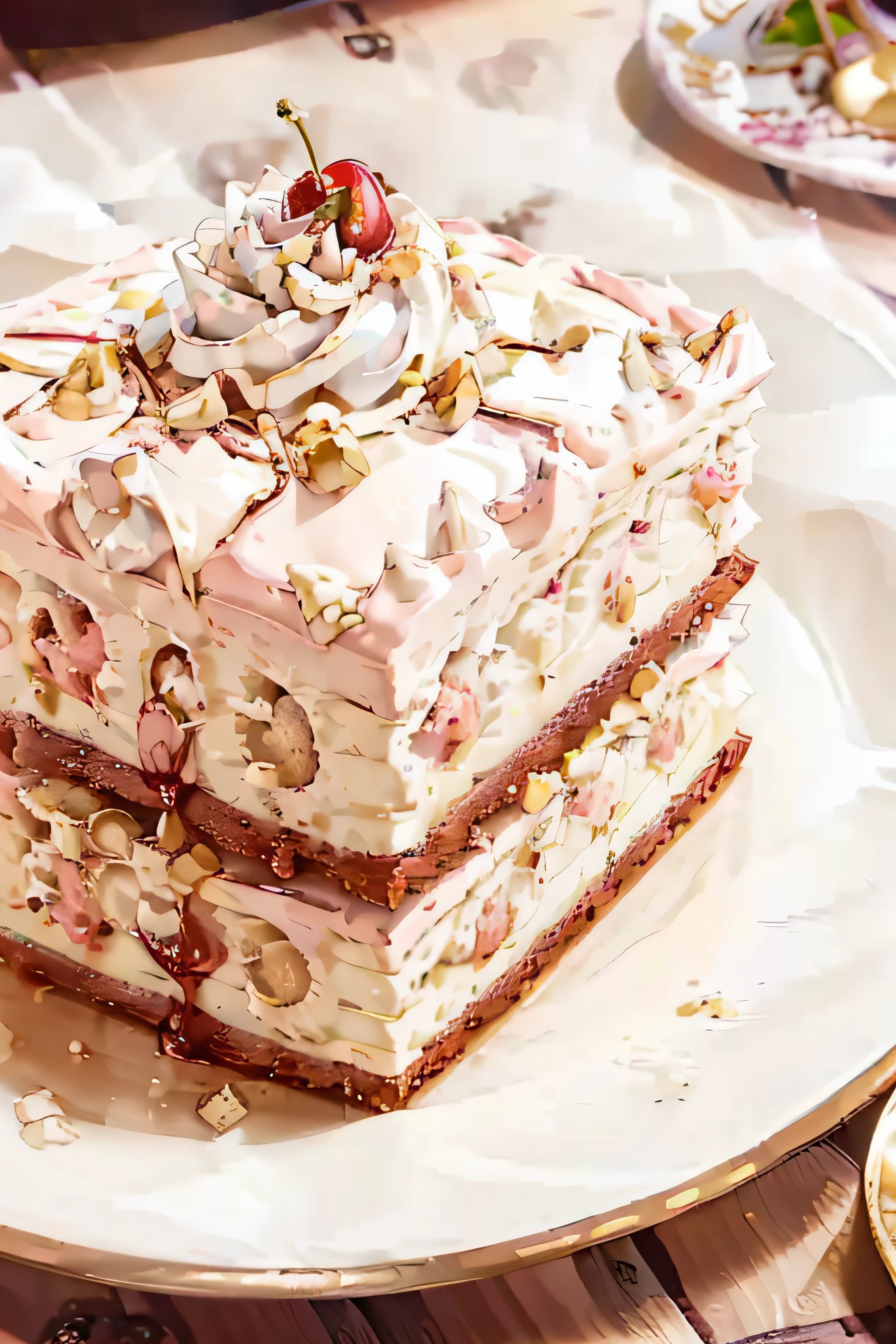 masterpiece, high quality, best quality, pink cream cake, cherry, foodphoto,