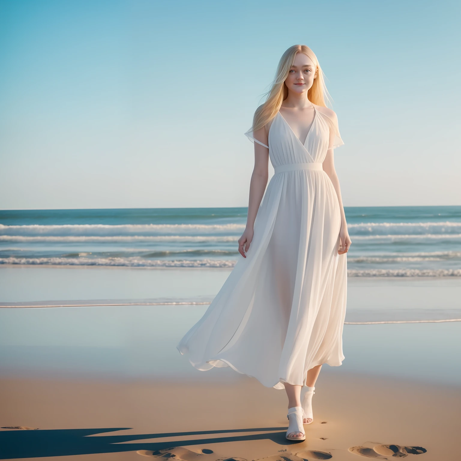 blond woman in white dress, standing in beach, full body, dakota fanning, soft portrait shot 8 k, female portrait, james jean soft light 4k, james jean soft light 4 k, a still of an ethereal