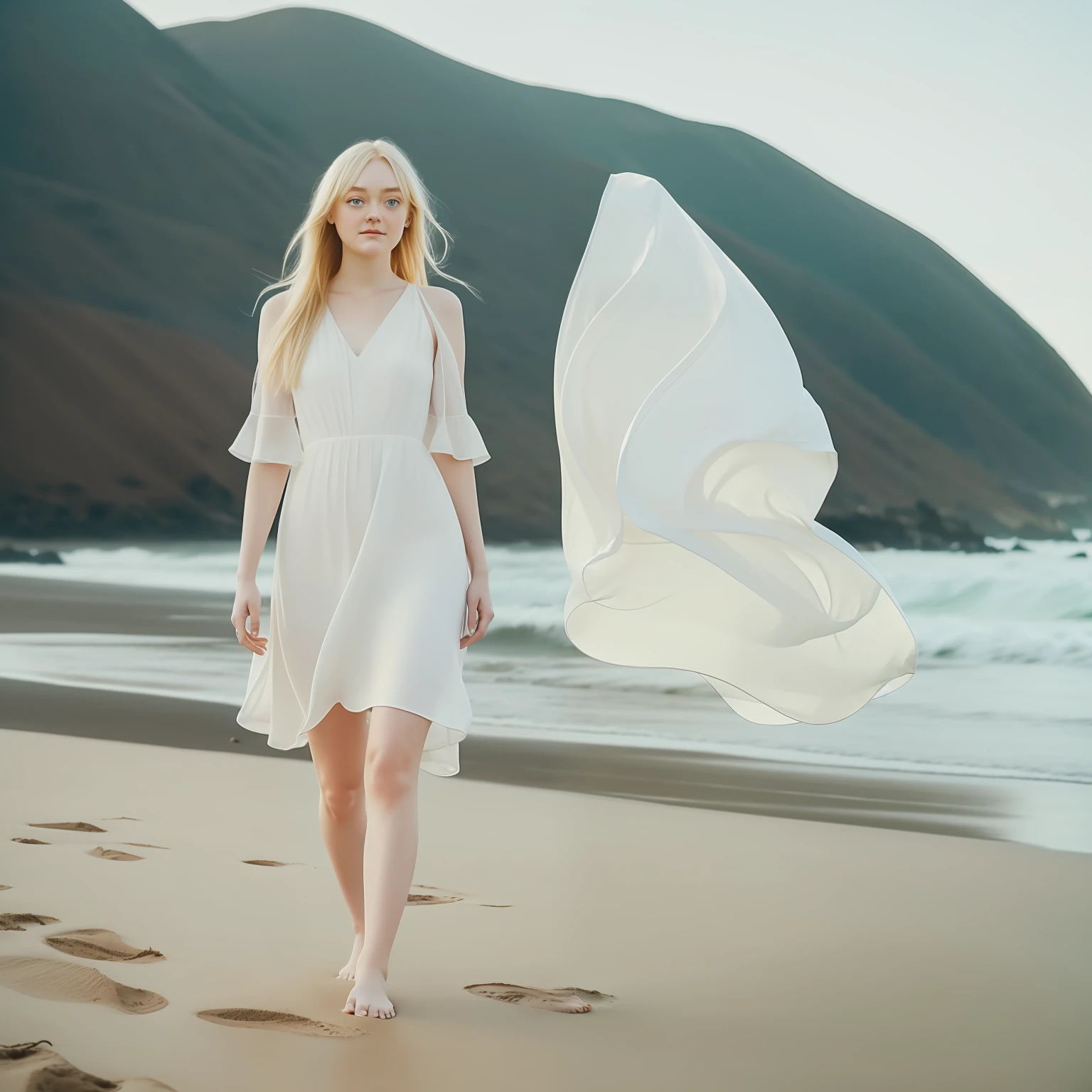 blond woman in white dress, standing in beach, full body, dakota fanning, soft portrait shot 8 k, female portrait, james jean soft light 4k, james jean soft light 4 k, a still of an ethereal