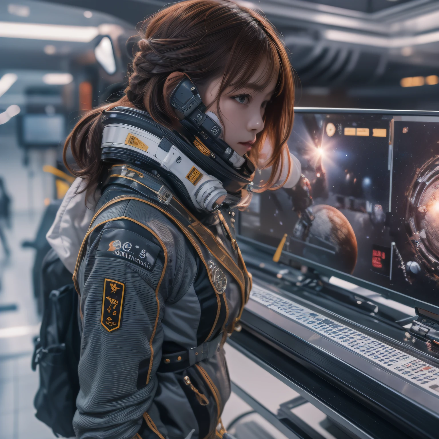 16k, RAW photo, Top quality,A half body,Lateral face,Look up at the perspective, Masterpiece(hyper HD)brunette color hair,outerspace, (realisticlying:1.4),Spacesuit, A high resolution, the detail, RAW photogr, Sharp Re, Nikon D850 Film Stock Photo by Jefferies Lee 4 Kodak Portra 400 Camera F1.6 shots, Rich colors, ultra-realistic vivid textures, Dramatic lighting, Unreal Engine Art Station Trend, cinestir 800,