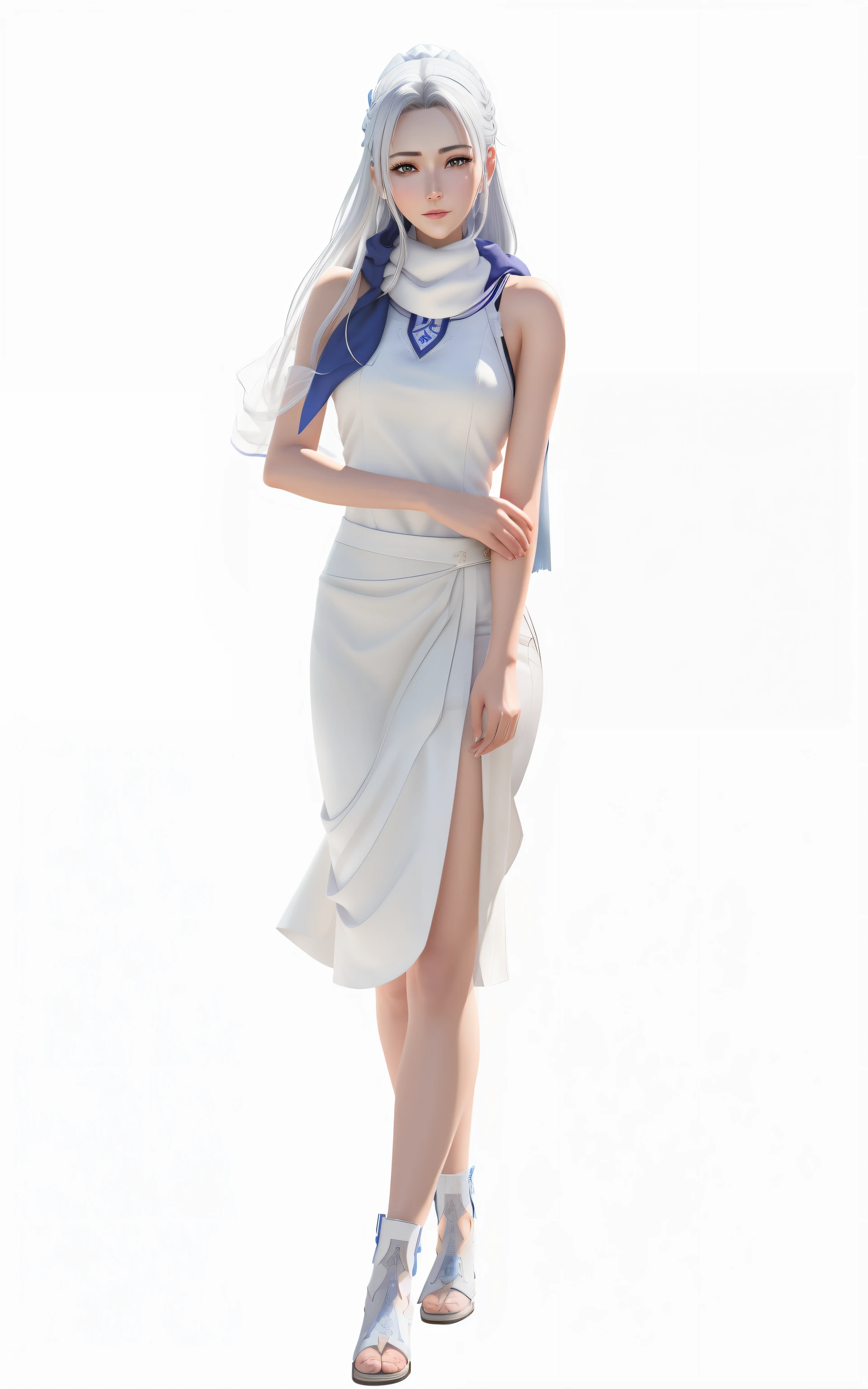 Ala Fed woman in white dress and blue scarf, render of april, White Salon, Tifa Lockhart with gray hair, render of mirabel madrigal, Nico in white dress, photorealistic anime girl render, White Dress!! of silver hair, full-body xianxia, White loincloth, dressed with long fluent clothes