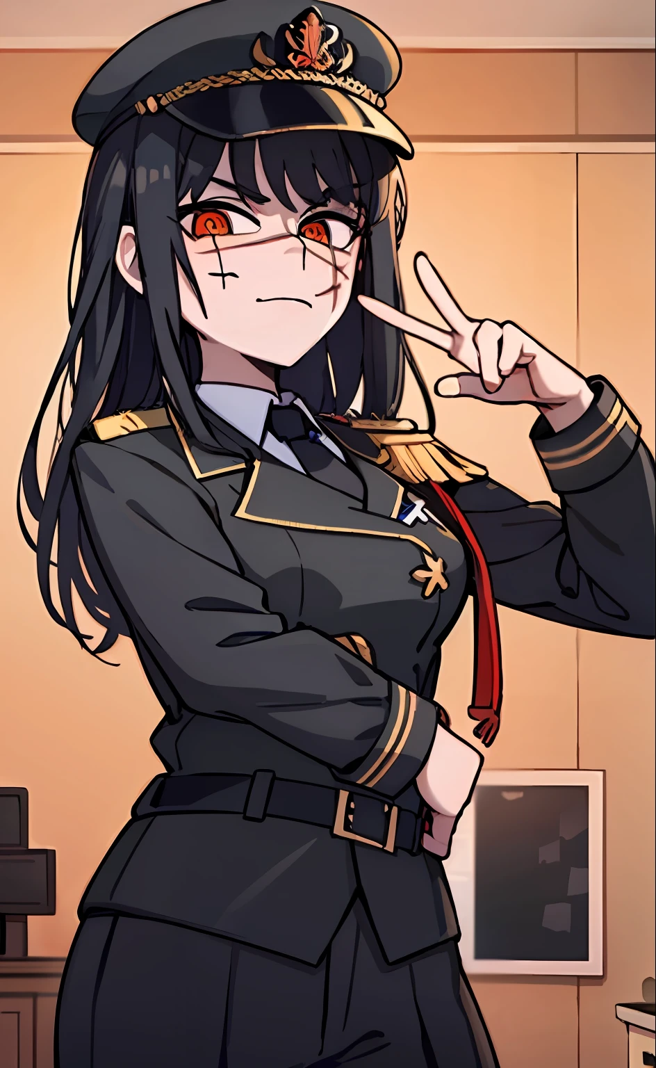 (masterpiece, best quality: 1.2), Solo, 1girl, Yoru \(Chainsaw Man\), looking at the viewer, different poses, red eye, long hair, completely black hair, reference to clothing of a German WWII general, black long sleeves (best quality), scar on face, beautiful eyes, has only 2 arms, has war medals on his clothes, Black Military Cap, Golden Eagle Medal on Clothing,  (Wallpaper), (8K HD), (8K HD), Golden Shoulder Pads, Sprites, 1 Single Design (masterpiece, best quality: 1.2), Solo, 1girl, Yoru \(Chainsaw Man\), looking at the viewer, smile, happy, different poses, red eye, long hair, completely black hair, reference to clothing of a German WWII general, black long sleeves (best quality), scar on face,  beautiful eyes, has only 2 arms, has war medals on his clothes, black military cap, golden eagle medal on clothing, (wallpaper), (8K HD), (8K HD), (8K HD), golden shoulder pads, sprites, 1 single design