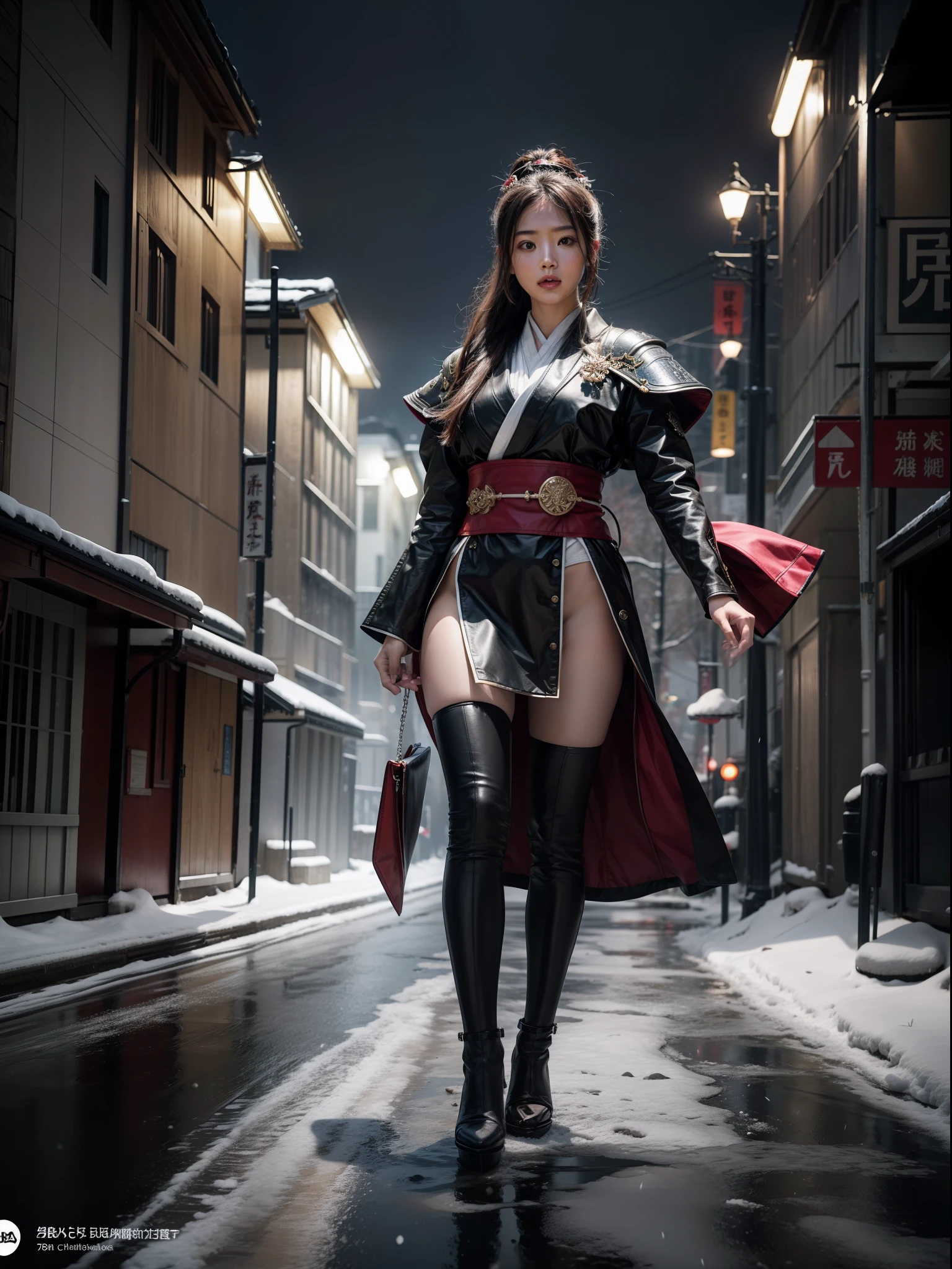Splitting characters is prohibited,(Full body shot:1.3), Must show your face, anatomy correct, Lakeside during the day,There is snow,High heels must be worn,Dressing stockings are mandatory, Japanese samurai armor of any color, A shallow laugh, Complex and diverse backgrounds,Strangling effect,hyper HD, Ray traching, structurally correct, Award-Awarded, high detal, lightand shade contrast, Face lighting,cinmatic lighting, tmasterpiece, super detailing, high high quality, high detal, best qualityer, 16k