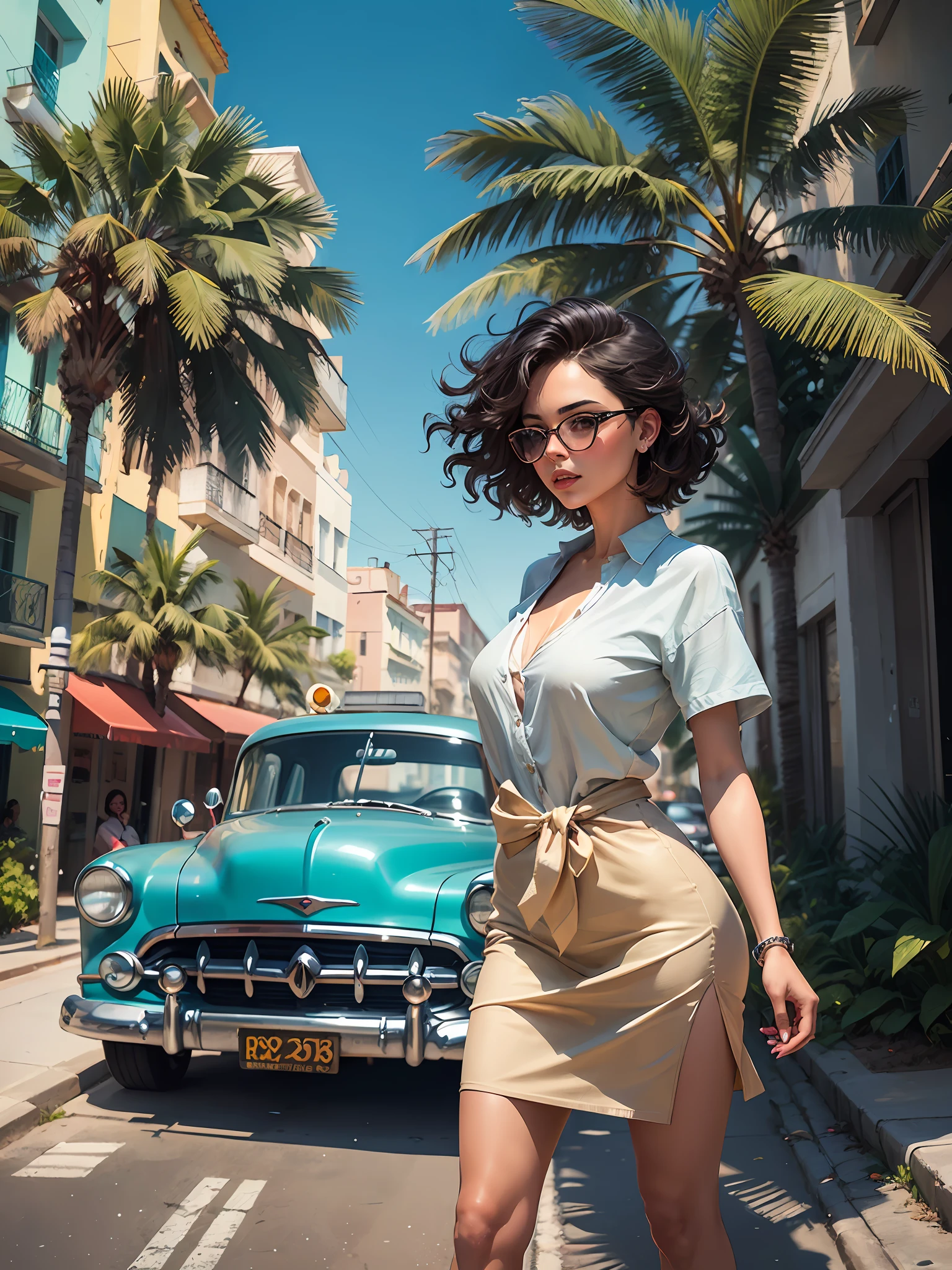 there is a beautiful woman, standing on the sidewalk next to a car, in the street by the beach, at a city street next to the ocean, palm trees, in style of digital painting, in a street, digital art of an elegant, street pic, in city street, on a street, posterized color, cuban women in havana, digital art picture, stylized digital illustration, digtial painting, in style of digital art, digital art oil painting, in the style of an oil painting
