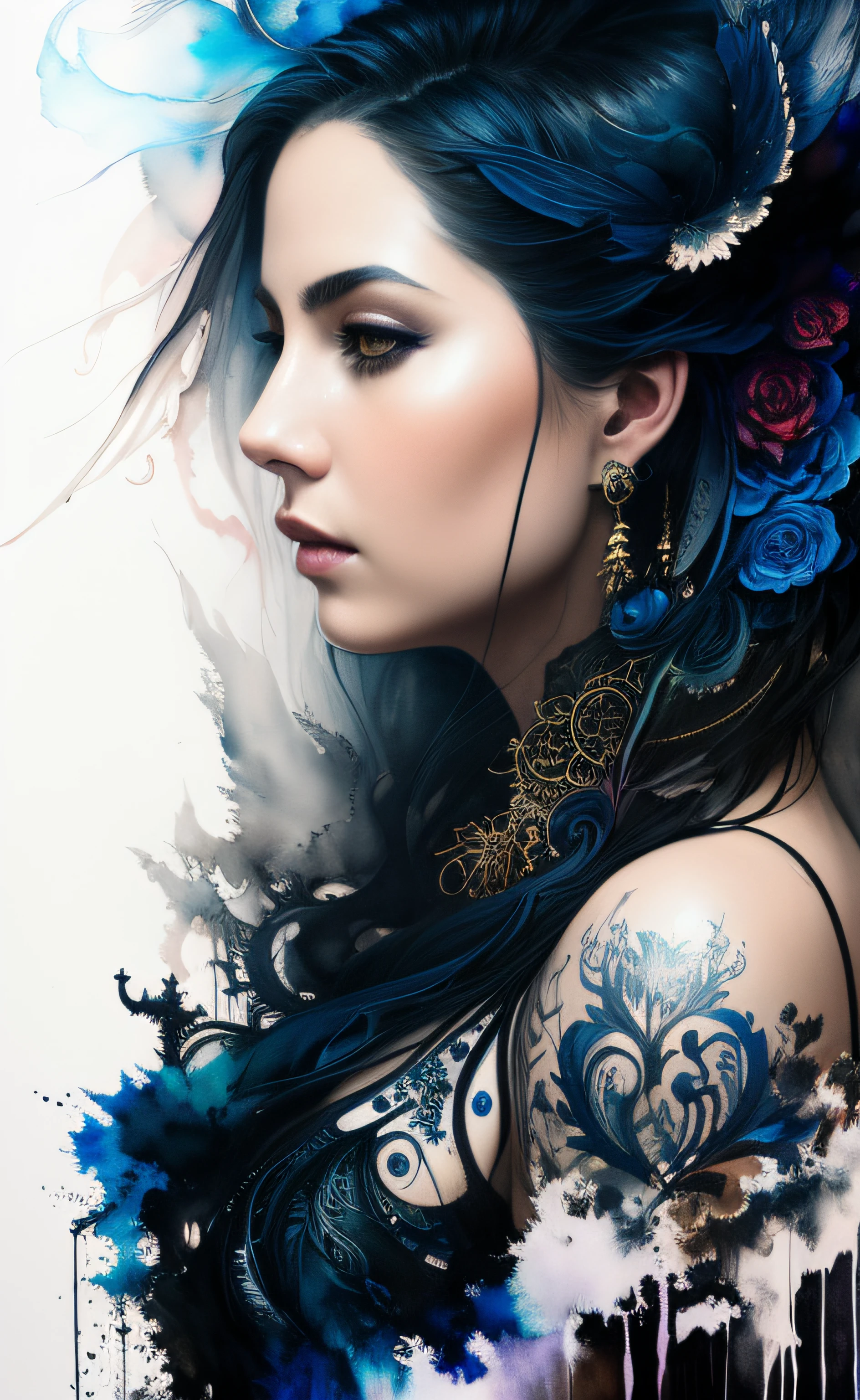 Colorful beautiful woman: Black ink flow: 8k resolution photorealistic masterpiece: by Aaron Horkey and Jeremy Mann: intricately detailed fluid gouache painting: by Jean Baptiste Mongue: calligraphy: acrylic: watercolor art, professional photography, natural lighting, volumetric lighting maximalist photoillustration: by marton bobzert: 8k resolution concept art intricately detailed, complex, elegant, expansive, fantastical