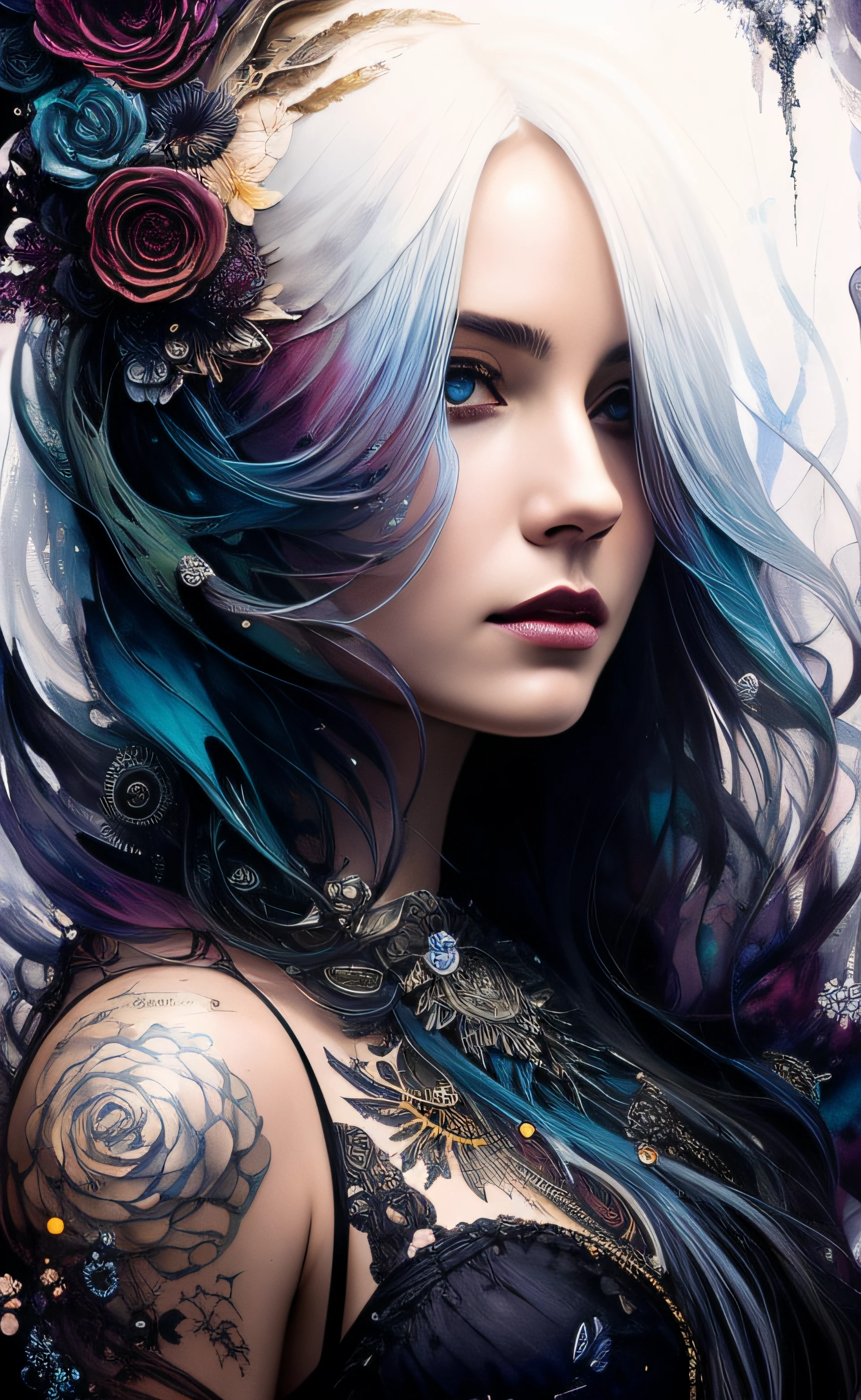 Colorful beautiful woman: Black ink flow: 8k resolution photorealistic masterpiece: by Aaron Horkey and Jeremy Mann: intricately detailed fluid gouache painting: by Jean Baptiste Mongue: calligraphy: acrylic: watercolor art, professional photography, natural lighting, volumetric lighting maximalist photoillustration: by marton bobzert: 8k resolution concept art intricately detailed, complex, elegant, expansive, fantastical