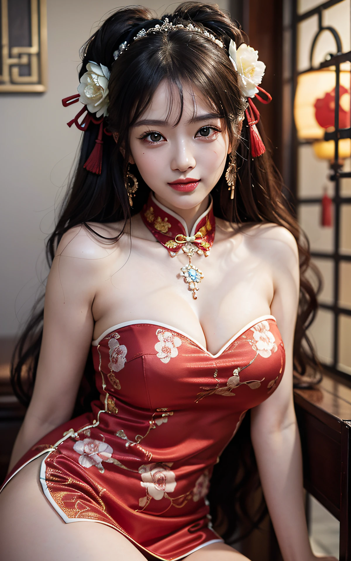 (Unity 16K Wallpaper, Masterpiece, Best Quality, Ultra-Detailed, Extremely Detailed CG, Beautiful Detailed Eyes, solo, curby, china dress, chinese clothes, thighs, voluptuous, Chinatown, upper body), Ultra High Resolution, fine skin、sexy, Sweat, sitting, character focus, portrait、seductive smile, Chinese cuisine