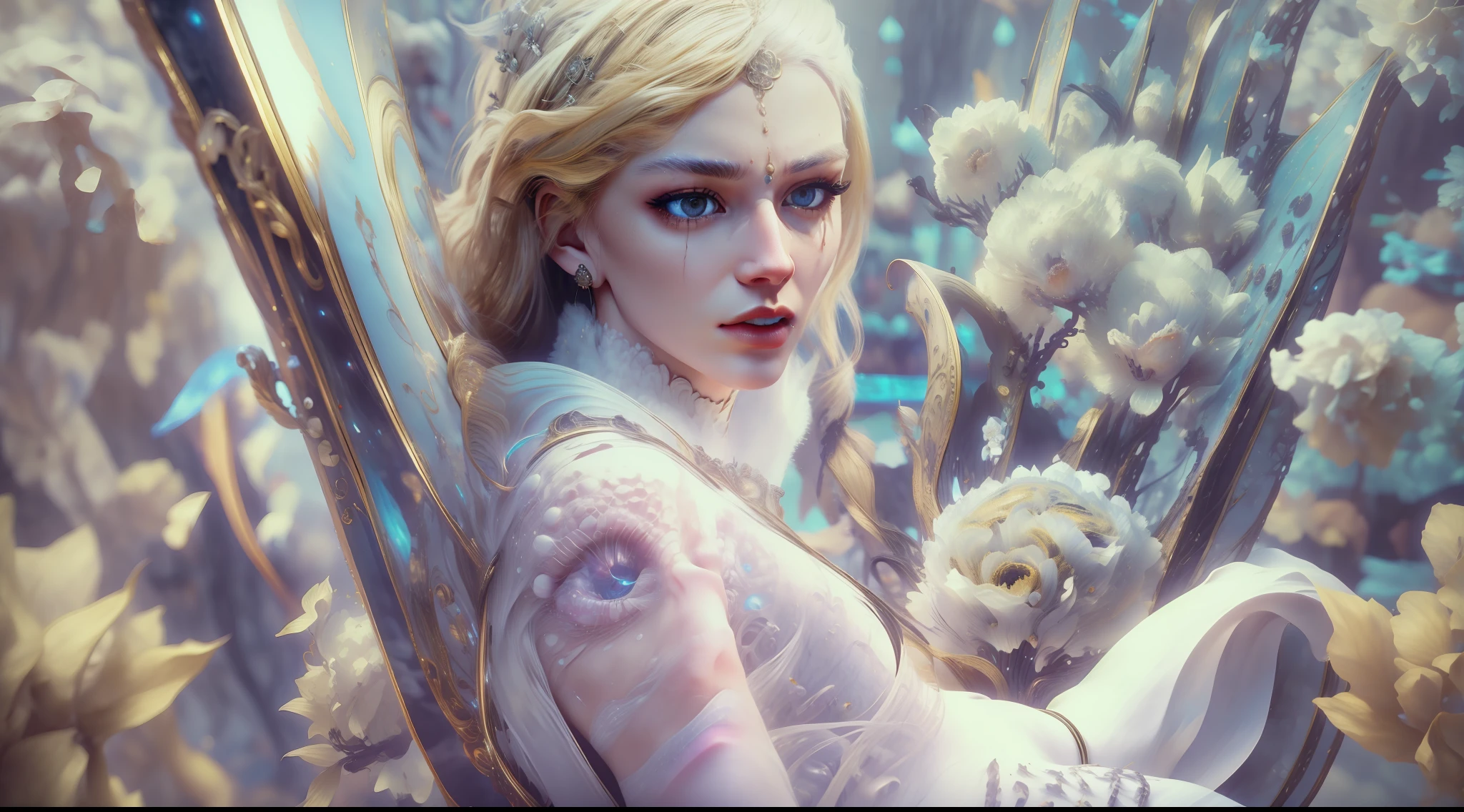 florals，realisticlying，Bokeh，light particules，very highly detailed background，detailed face with，Detailed and complex busy background，Untidy，opulent，milkyW，Highly detailed hands，Realistic details of skin，Visible Pore，tack sharp focus，volume fog，8K  UHD，digital SLR camera，high qulity，filmgrain，White skin of the，photo-realism，lomo graphy，Huge metropolis in a dystopia of the future , look from down
