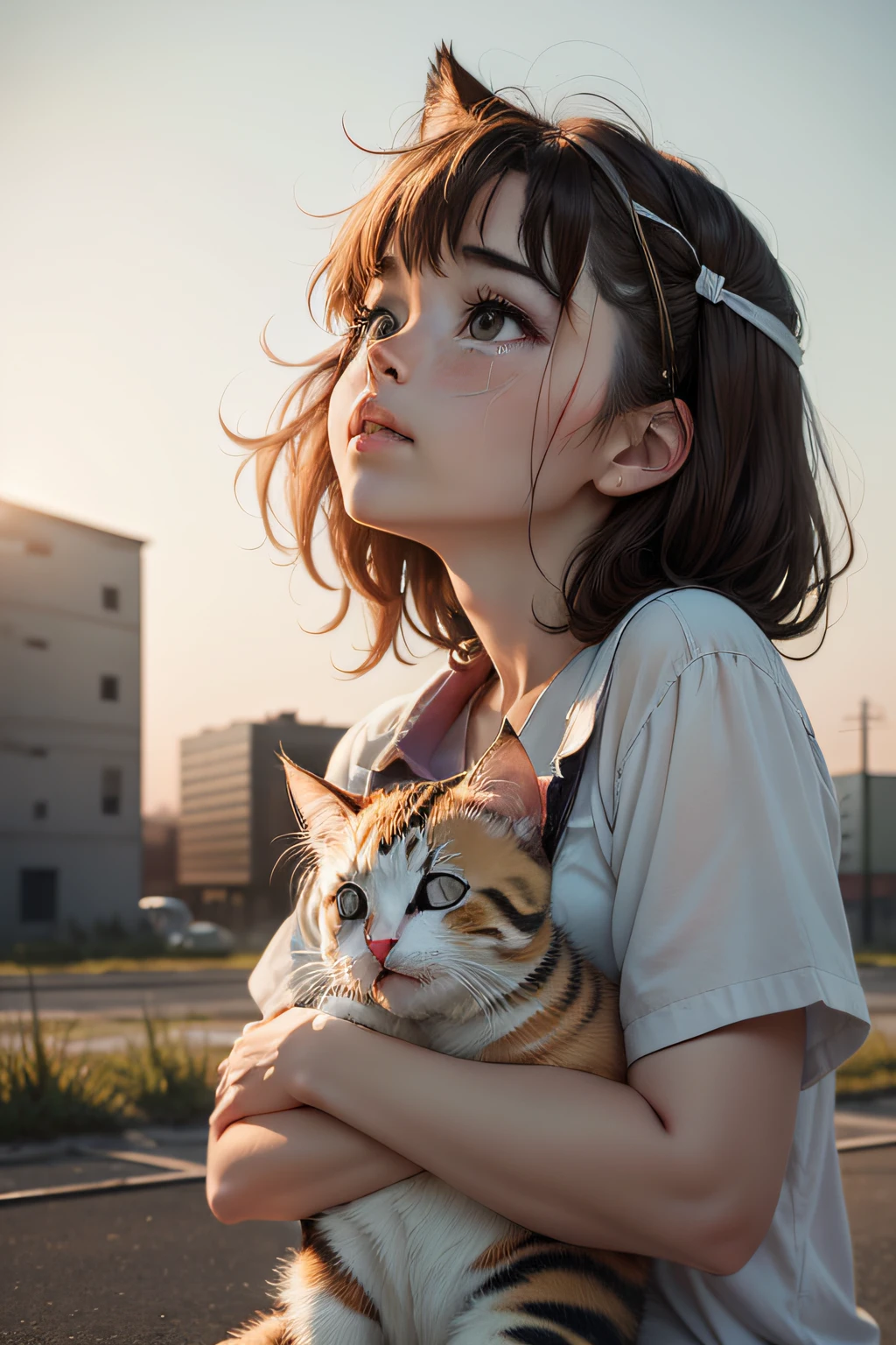 Calico kitten looks up at summer sky in a vacant lot、I'm crying