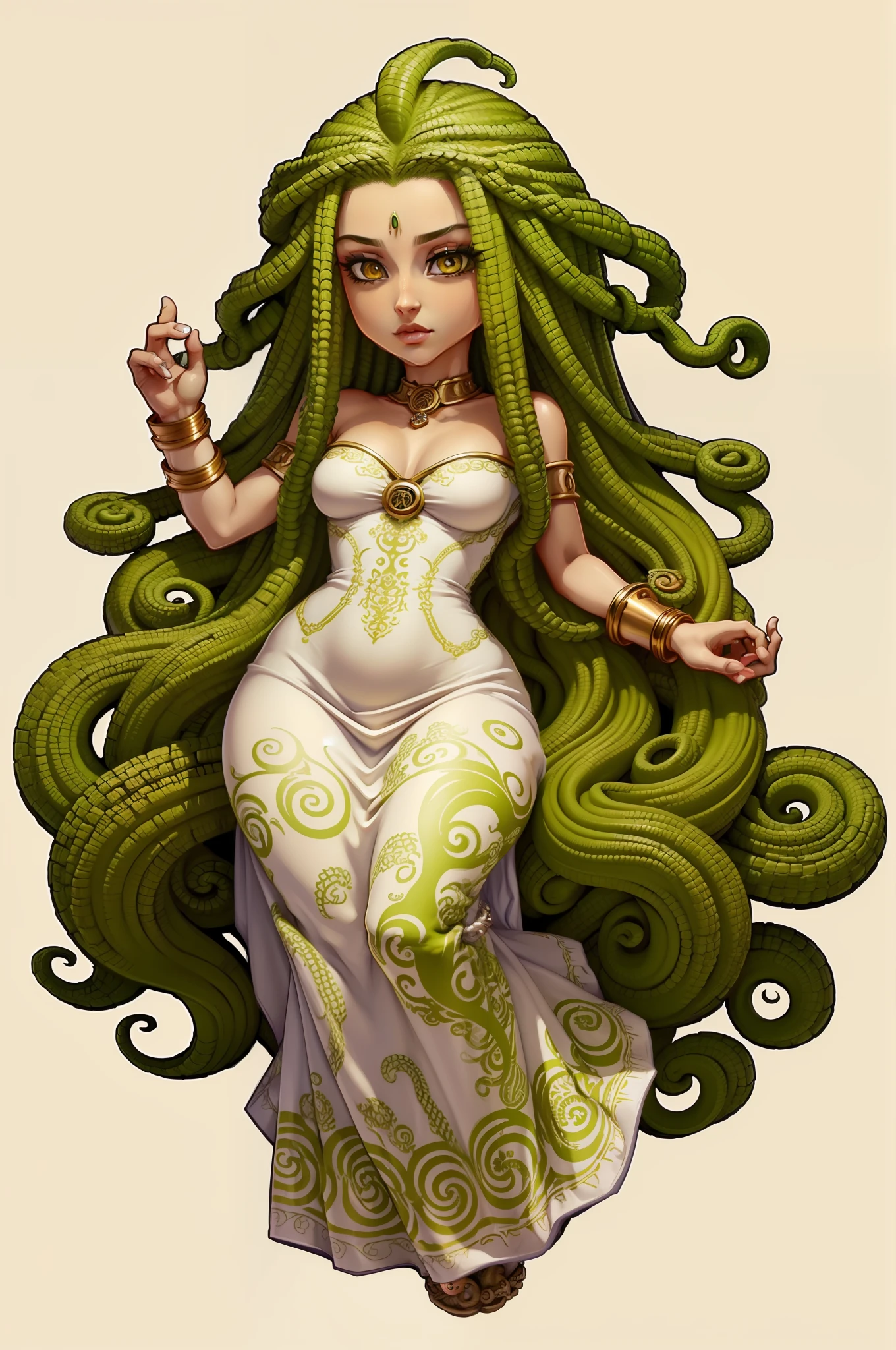 Medusa com olhos amarelos, cabelo de medusa, detalhes dourados no vestido, cobras no lugar de cabelos.