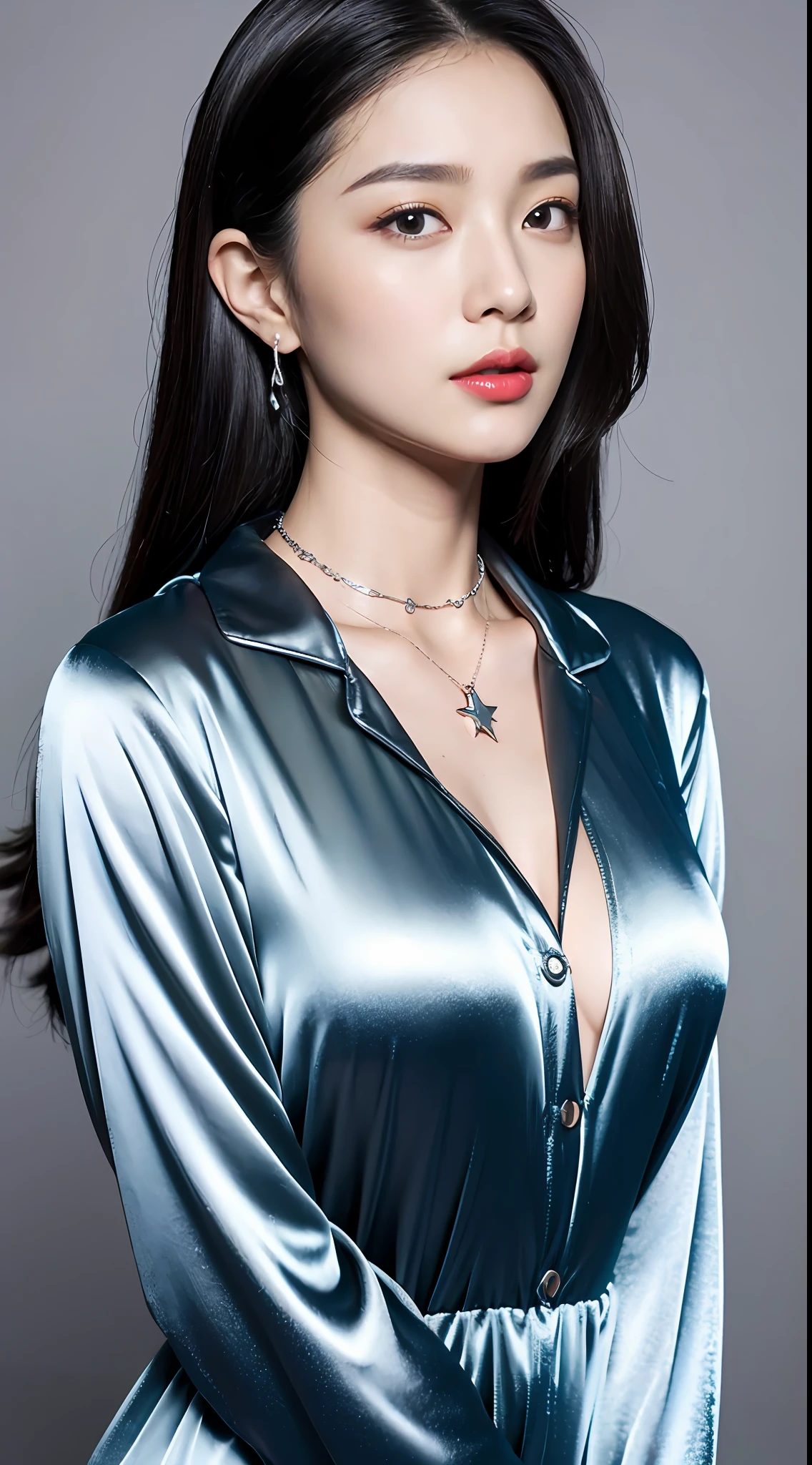 ulzzang-6500-v1.1,(raw photo:1.2), (photorealistic:1.4), very detailed eyes and faces, Beautiful detailed eyes, absurderes, unbelievable Ridiculous, hugefilesize, ultra - detailed, A high resolution, The is very detailed,best qualtiy,tmasterpiece,1girll,Star face,Long legs,Fair and smooth skin, The eyes are bright and alert,Semi-curved eyebrows, Swallow red lip gloss, Jet black hair,Ice silk pajamas,choker necklace,Silver-toned gemstone bracelet,(The chest is extra-large)