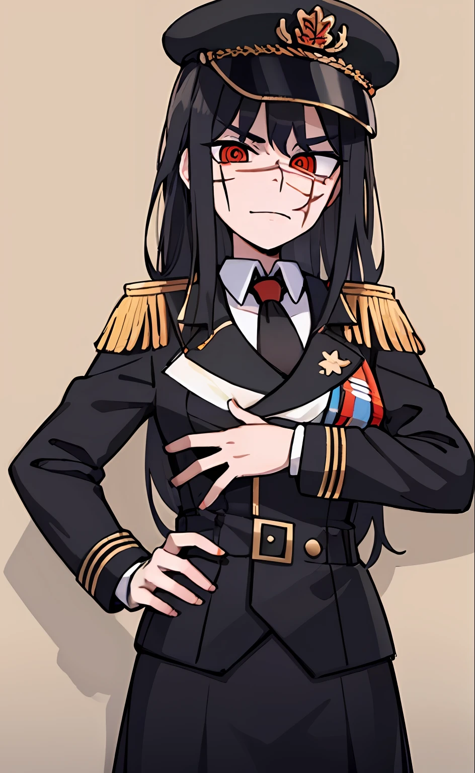 (masterpiece, best quality: 1.2), Solo, 1girl, Yoru \(Chainsaw Man\), looking at the viewer, different poses, red eye, long hair, completely black hair, reference to clothing of a German WWII general, black long sleeves (best quality), scar on face, beautiful eyes, has only 2 arms, has war medals on his clothes, Black Military Cap, Golden Eagle Medal on Clothing, (Wallpaper), (8K HD), (8K HD), Golden Shoulder Pads, Sprites, 1 Single Design (masterpiece, best quality: 1.2), Solo, 1girl, Yoru \(Chainsaw Man\), looking at the viewer, smile, happy, different poses, red eye, long hair, completely black hair, reference to clothing of a German WWII general, black long sleeves (best quality), scar on face, beautiful eyes, has only 2 arms, has war medals on his clothes, black military cap, golden eagle medal on clothing, (wallpaper), (8K HD), (8K HD), (8K HD), golden shoulder pads, sprites, 1 single design