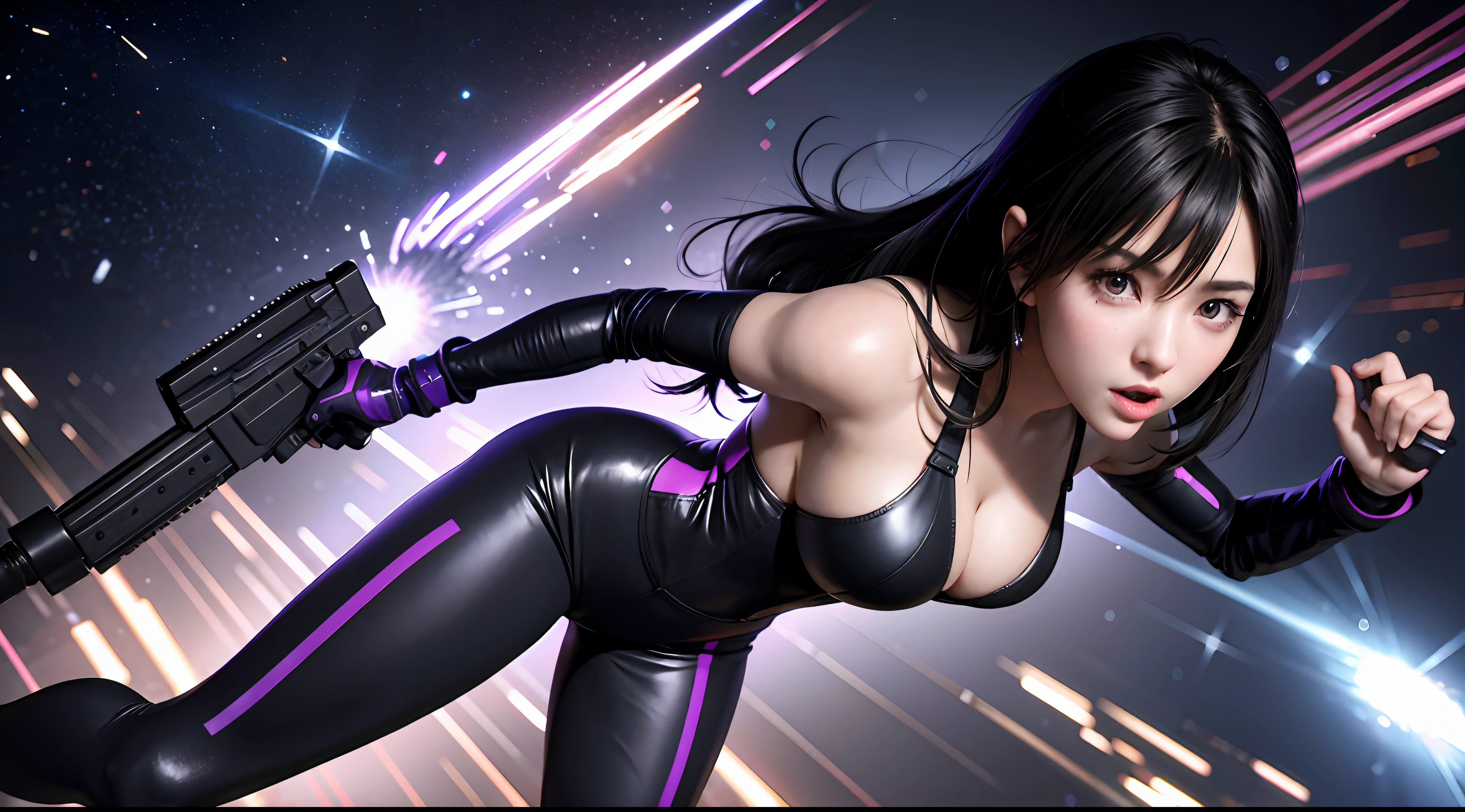 tifa, from behind, side pose, mass effect cyberpunk, spandex purple sheer officer uniform suit, looking at camera, futuristic, glitch effect, big ass, sexy, holding big gun, on spaceship, neon lights in purple clothes, armor, pants (masterpiece), outer space background, (best quality), 8k resolution, ultra-detailed, rear shot, hyper-detailed, realistic, (1girl), cinematic, black hair, D cup, perfect body, galactic font, graffiti style