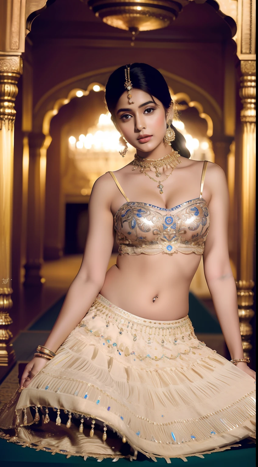 Hyper realistic, masterpiece. Ultra detail image of Indian girl.wear jewellers. Wear Indian item dress. In Indian palace. Looks so beautiful gorgeous. Show stomach long legs