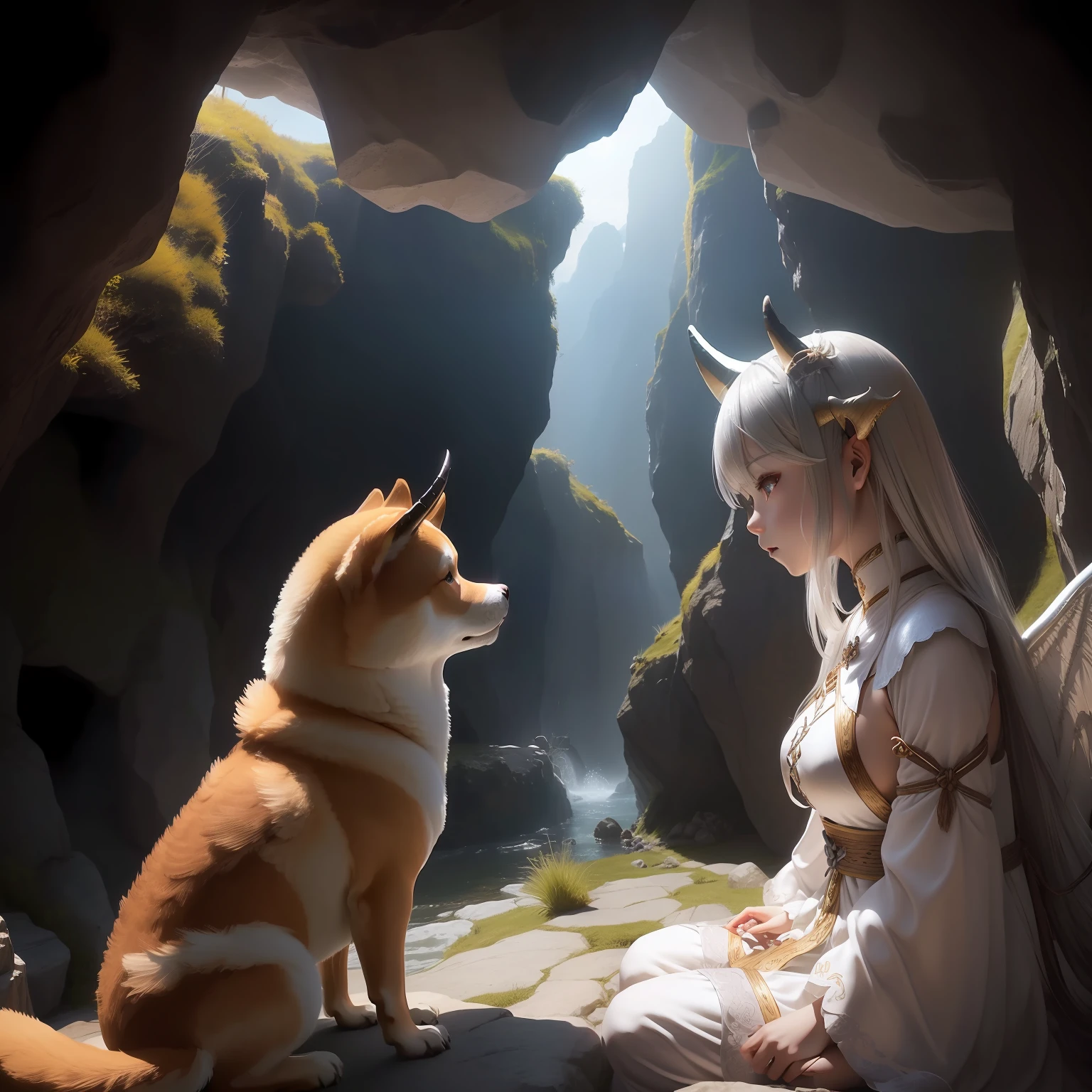 Outside the cave、Bright sunshine((Clean with horns and wings、One silver-haired dragon girl、Bondage costumes、Depiction of playing with one cute brown Shiba Inu))、Close-up photos、Volumetric fog、Halation、、Dramatic atmosphere、central、thirds rule、