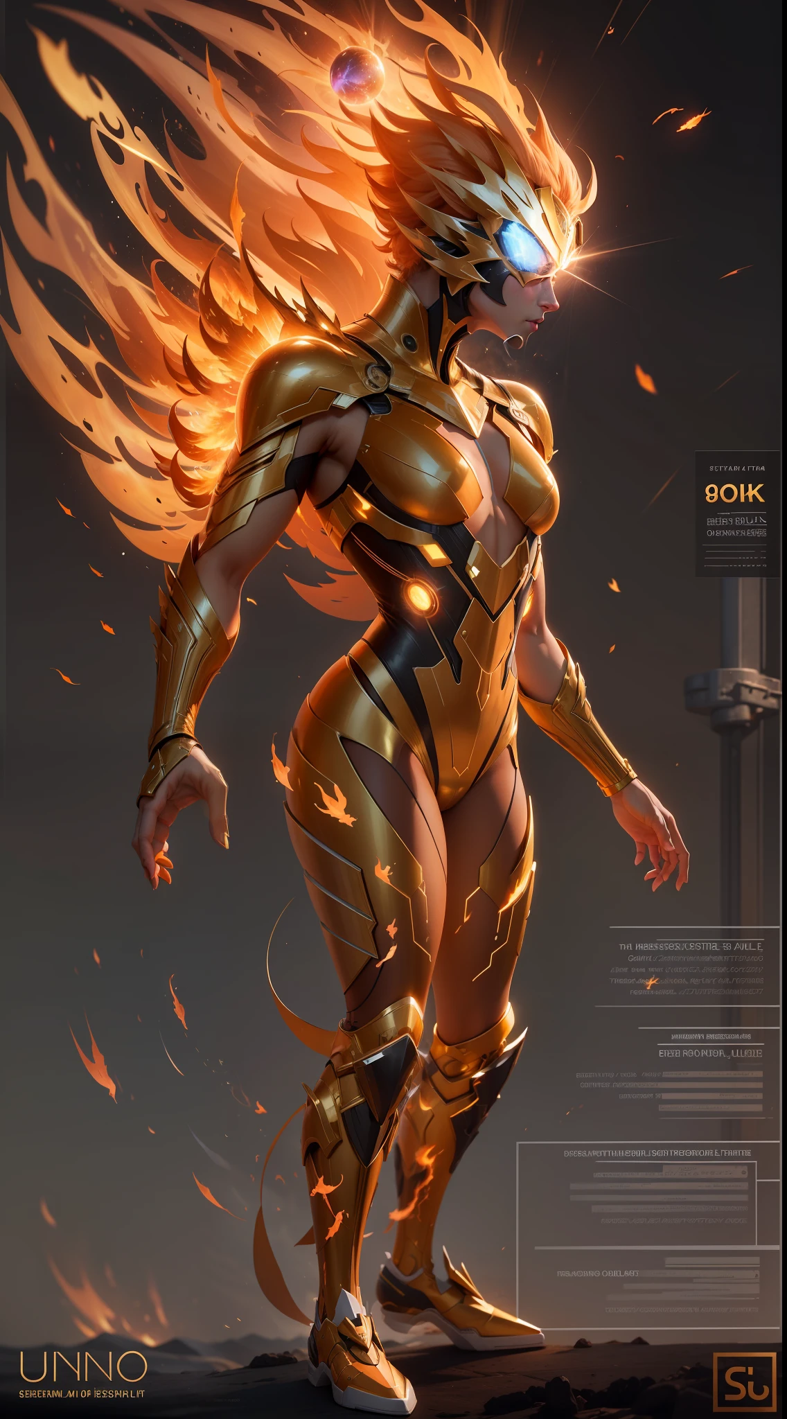 (Ultra resolution 8K), "Espectro Solar": With a translucent skin that emits a faint golden light, Solar Spectrum is presented as an enigmatic being. Su cabello fluye como llamas doradas, contrastando con sus ojos que resplandecen con un brillo solar. His tight suit is adorned with gold and orange tones, creating the illusion of flames in constant motion. Una capa desplegable, made of concentrated solar energy, It resembles the wings of a phoenix in mid-flight. Their hands are capable of projecting rays of solar energy that cause controlled explosions., and can soar into the air using bursts of energy emanating from its back.. His unique suit is designed to absorb and convert solar energy into various impressive abilities and powers..