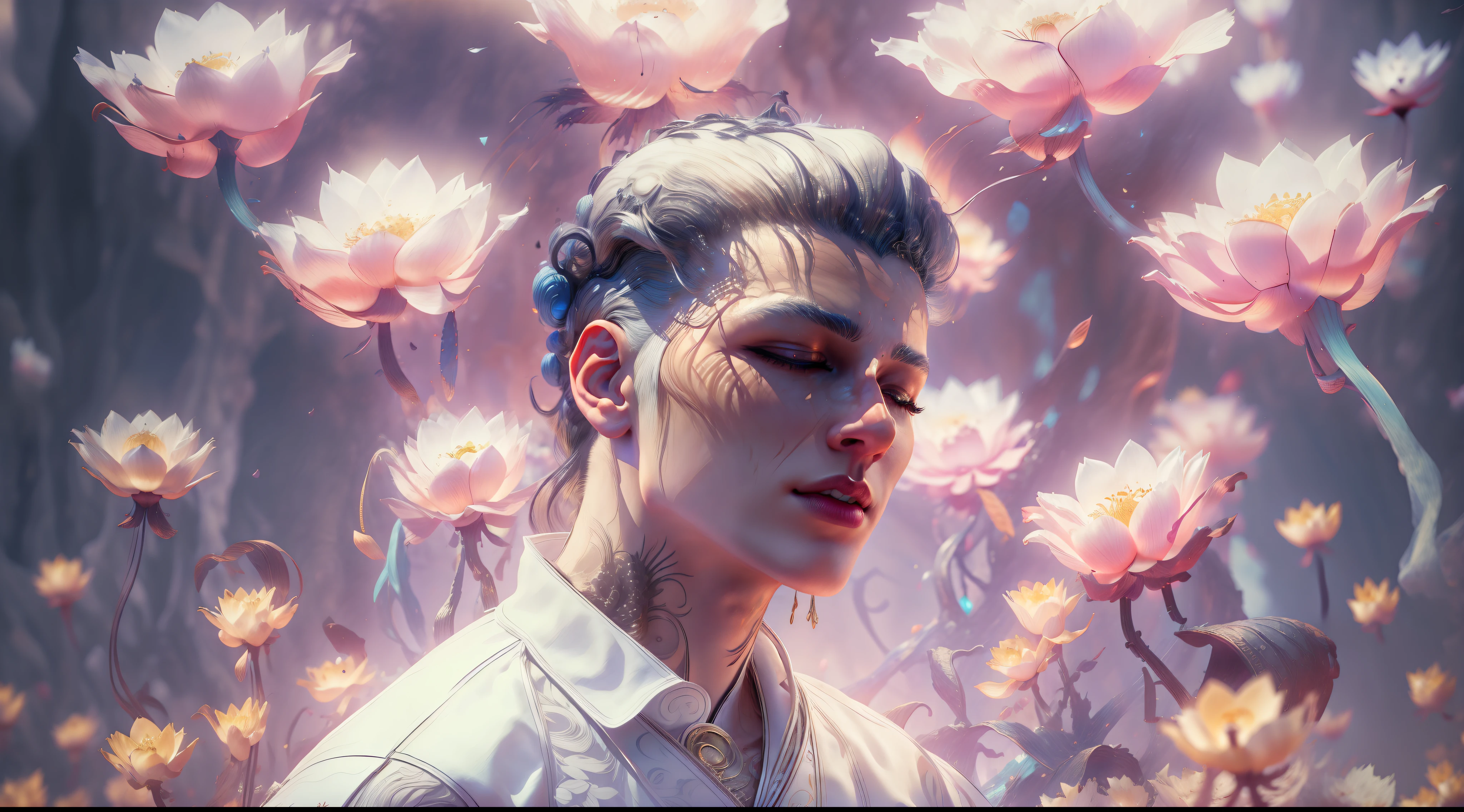 Handsome guy in a white shirt,Sit and meditate in a lotus pose,Look at the audience with your eyes closed,raised head,Floating on the ground,cheerfulness,A slight smil,realisticlying,Bokeh,light particules,very highly detailed background,detailed face with,Detailed and complex busy background,Untidy,opulent,milkyW,Highly detailed hands,Realistic details of skin,Visible Pore,tack sharp focus,volume fog,8K UHD,digital SLR camera,high qulity,filmgrain,White skin of the,photo-realism,lomo graphy,Huge metropolis in a dystopia of the future , look from down