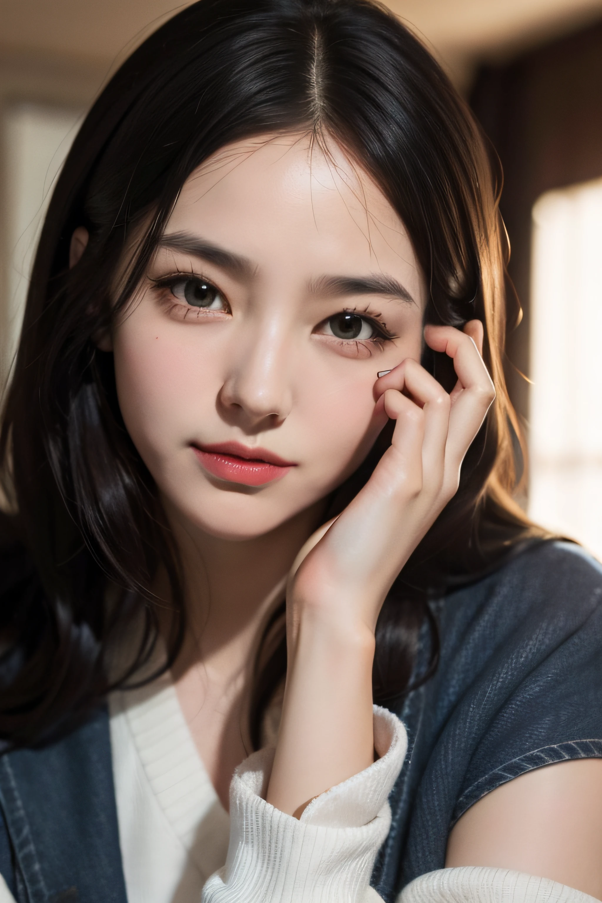 Retro，bauhause，Coat woman，vintage poster style，Bauhaus architecture，Hand，Hands on the face，Happy expressions，ssmile，flatchest，closeup of face，Cover your mouth with your hand，20岁女孩，Side face close-up，solo person，Side photo，Side photo，Don't look at the lens，The face is facing to the right，Expose your ears