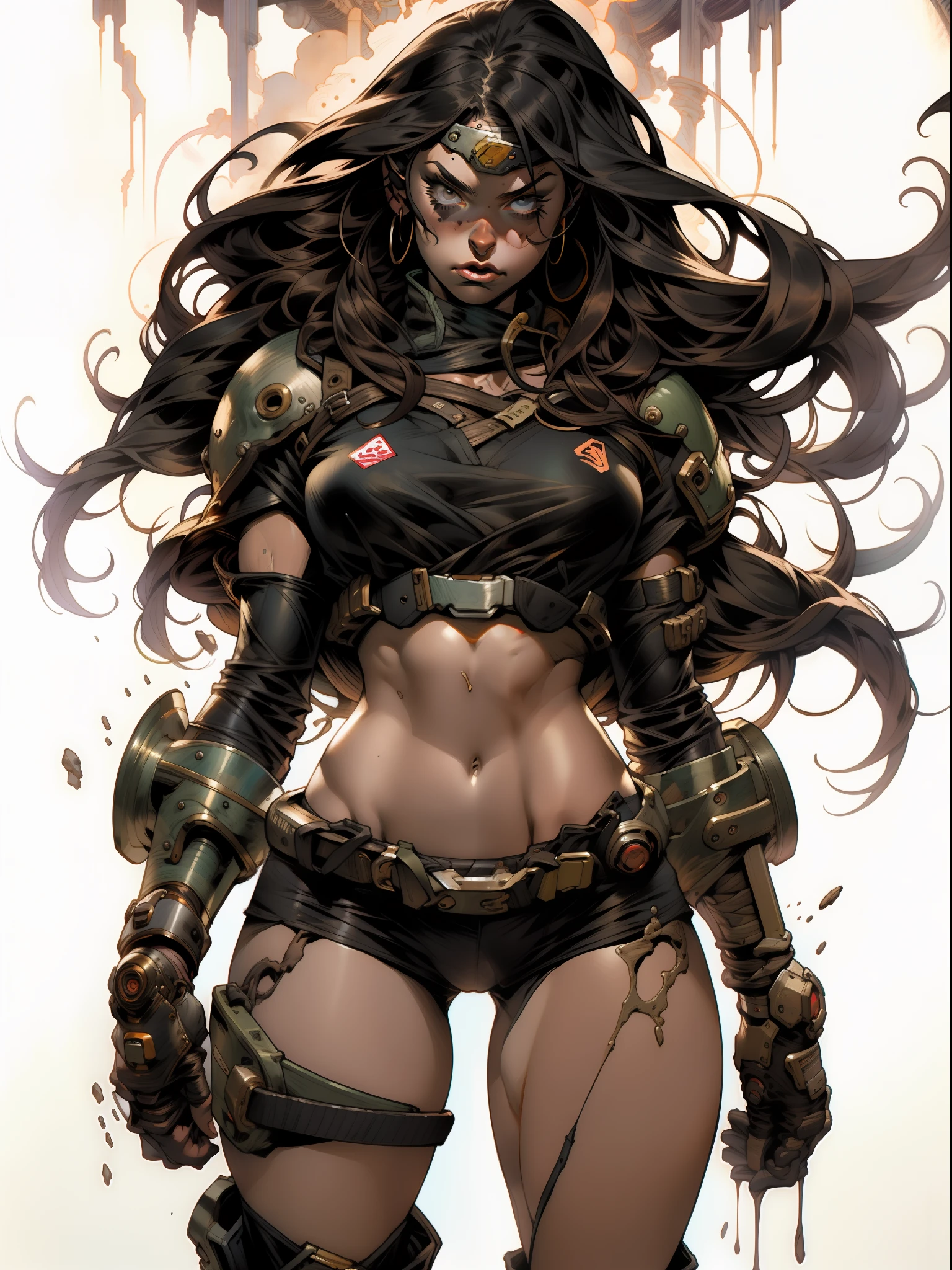 A post-apocalyptic warrior, uma mulher de 35 anos quase nua no estilo Simon Bisley para a capa da revista Heavy Metal, cabelo metade preto metade branco, Minimum clothing, roupas curtas,