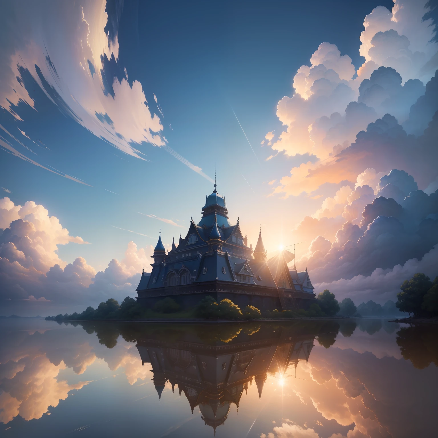 masterpiece, top-quality, (extremely detailed CG unified 8k wallpaper) (top-quality), (The best illustrations), (best shade)、Super Meticulous, blue-sky、Variety of clouds、Wonderfully beautiful、nostalgic、Looking up at the sky、Reflection of the Sun