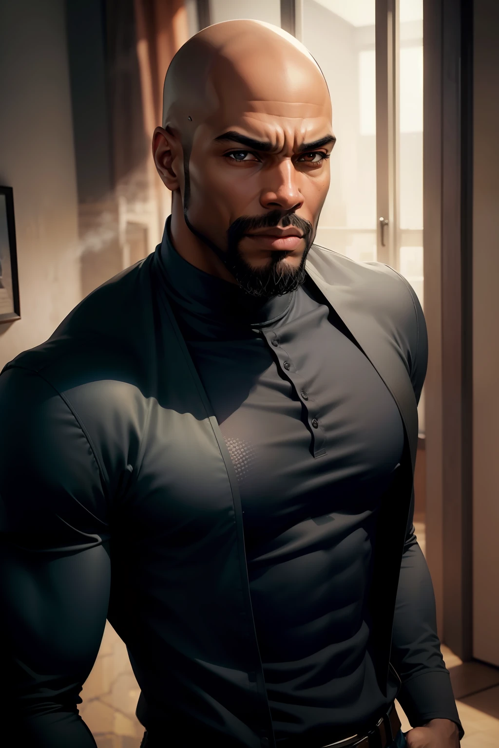 (8k, RAW Photo, best quality, master piece: 1.2), ultra detailed, official artwork, photorealistic: 1.37, highly detailed, ultra photorealistic, cinematic lighting pose of bald black man, macho facial expression, mysterious look with slight smile , light beard, standing looking at viewer from the front, Pose facing viewer, news anchor style, wearing casual solid color clothing