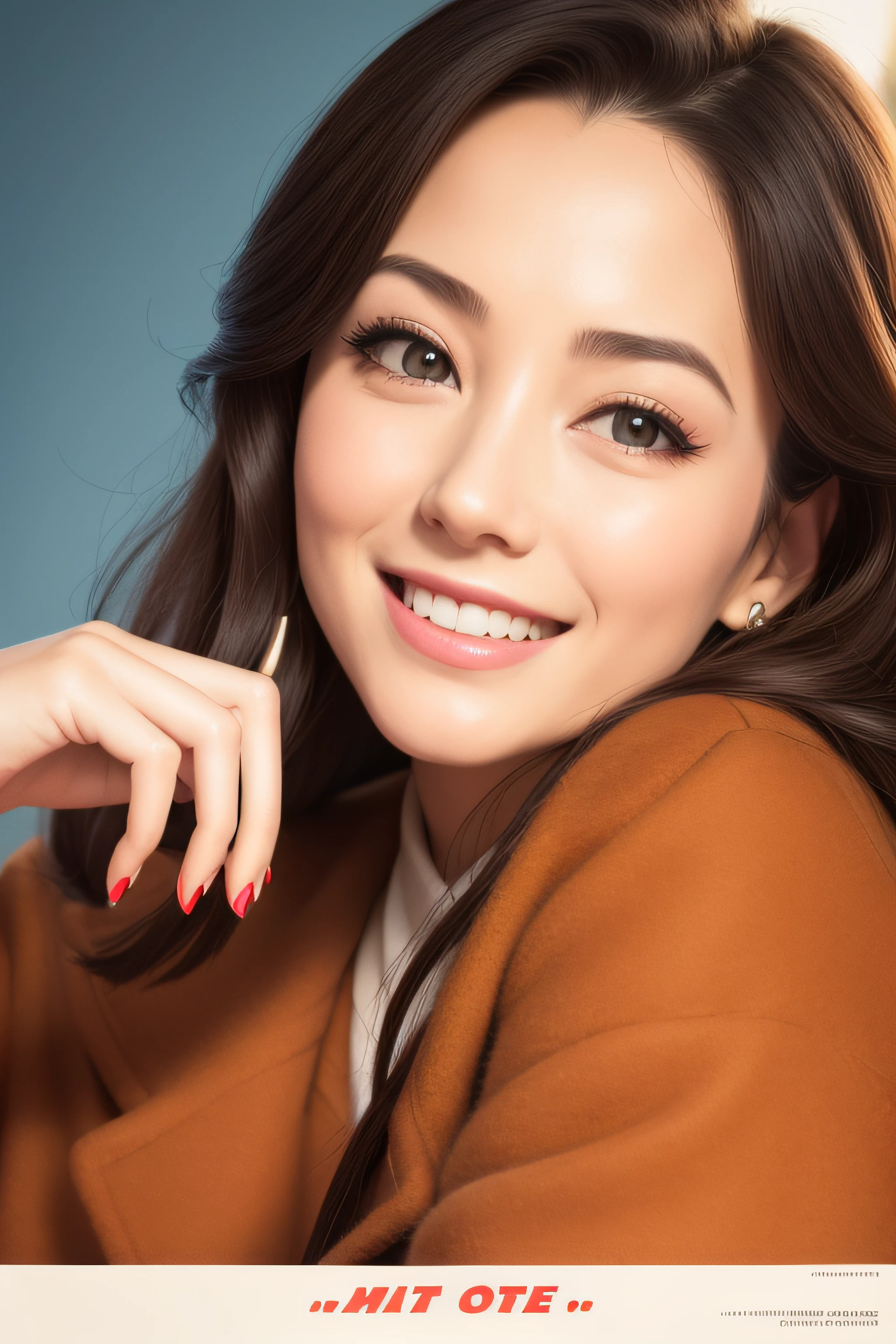 Retro，bauhause，Coat woman，vintage poster style，Bauhaus architecture，Hand，Hands on the face，Happy expressions，ssmile，flatchest，closeup of face，Cover your mouth with your hand，20岁女孩，Side face close-up，solo person，Side photo，Side photo，Don't look at the lens，The face is facing to the right