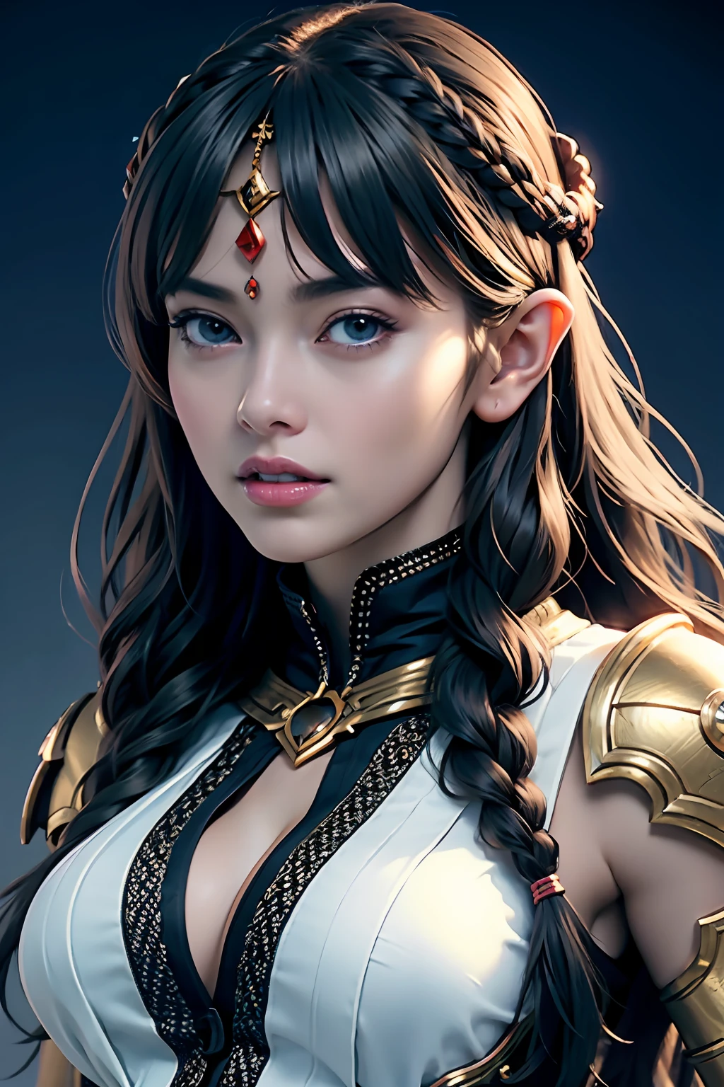 Ultra-detailed complex 3D rendering of face, (Colossal: 8.8), (masterpiece, top quality, octane rendering, 8K), glamour shot full body image, very beautiful young elf, cleavage, (very detailed skin: 1.2), (exposure: 1.1), brown-haired, ((wearing a plummeted open shirt of white silk: 1.10)), beautiful Caucasian woman with black skin with full soft breasts with big buttocks, Single, long braided hair, big breasts, dynamic angle, mystical expression, ultra-realistic photo, (((portrait)))), bare feet, futuristic urban background, facial muscles, detailed and beautiful queen gold crown, in the style of Marvel Comics, ArtStation trends, clear focus, studio photography, intricate details, very detailed, detailed red eyes, very detailed, Sharp Focus, Digital Rendering, Professional, Abs, Dark Grey Background,