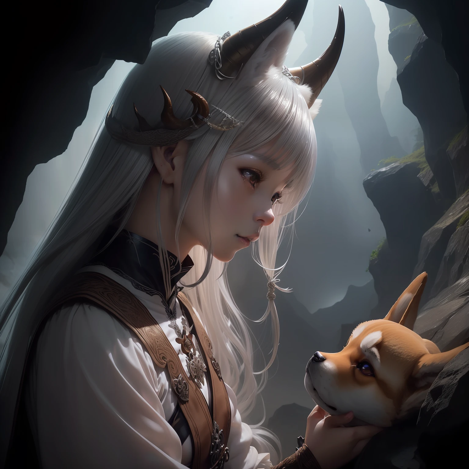Get out of the cave、((Clean with horns and wings、Silver-haired dragon tribe girl、Bondage costumes、Depiction of playing with a cute brown Shiba Inu))、Close-up photos、Volumetric fog、Halation、、Dramatic atmosphere、central、thirds rule、