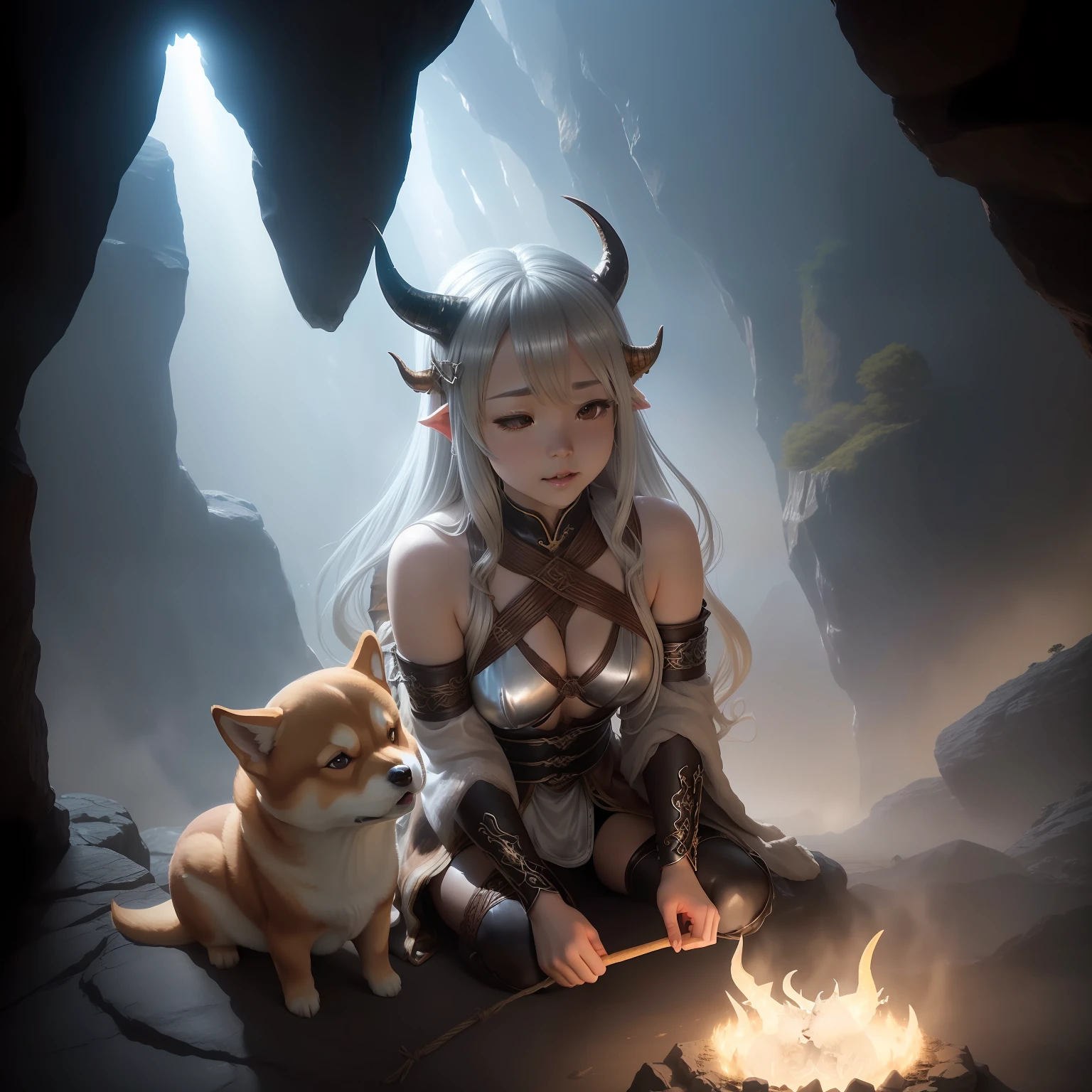 Outside the cave、Bright sunshine((Clean with horns and wings、1 Silver-Haired Dragon Girl、Bondage costumes、Depiction of playing with one cute brown Shiba Inu))、Close-up photos、Volumetric fog、Halation、、Dramatic atmosphere、central、thirds rule、Realistic depiction