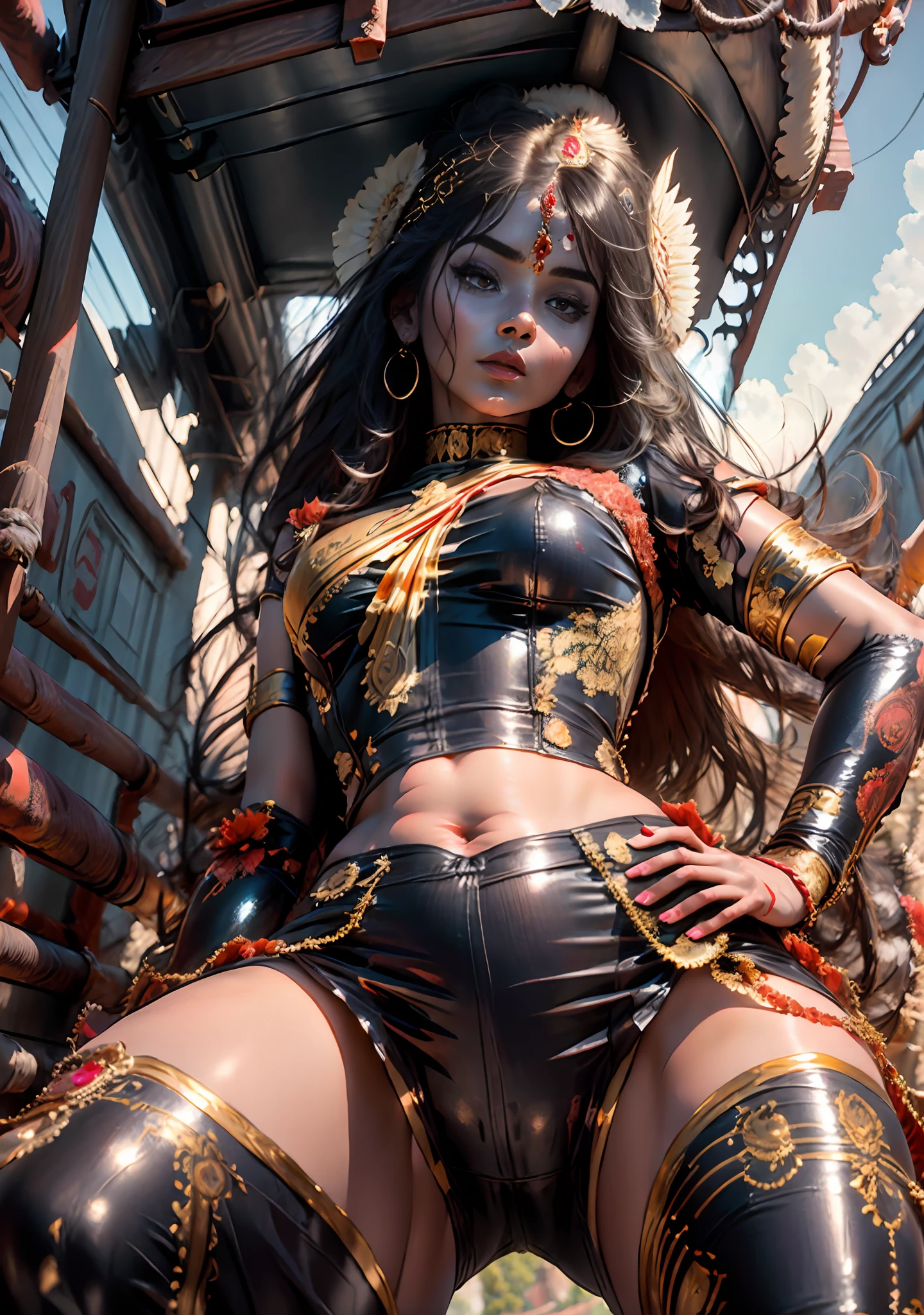 ten hand's Indian goddess Durga, scarry art, Indian red traditional clothes, Hyper Realistic, Hyper-Detailed digital art, 8k, Trending on artstation, Detailed Cloth, Detailed face, Best quality, Real life photography, Long hair, Thick hair, glowing hair, Photorealistic, Wave hair
