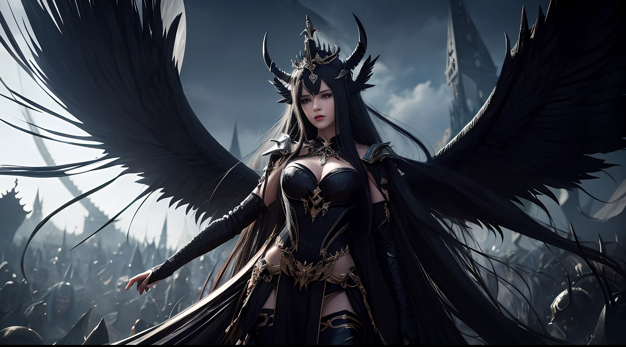 The demons,goddes,a queen,a throne,Wings,Long hair,Devil hair ornaments,Raised sexy,Tall,high and cold,Domineering,Armor,large scene,Dark tones,light and dark,high detal,high qulity,8K quality