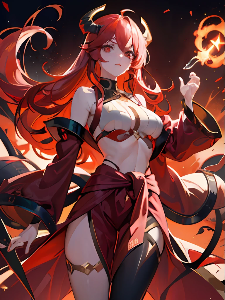 Futuristic Vtuber model concept design of a red wavy-haired woman with one golden eye with her (((torso floating above her waist like it’s been chopped in half))) has demon horns and tail with the end shaped like a fork, futuristic demon wings that disconnect from her body
