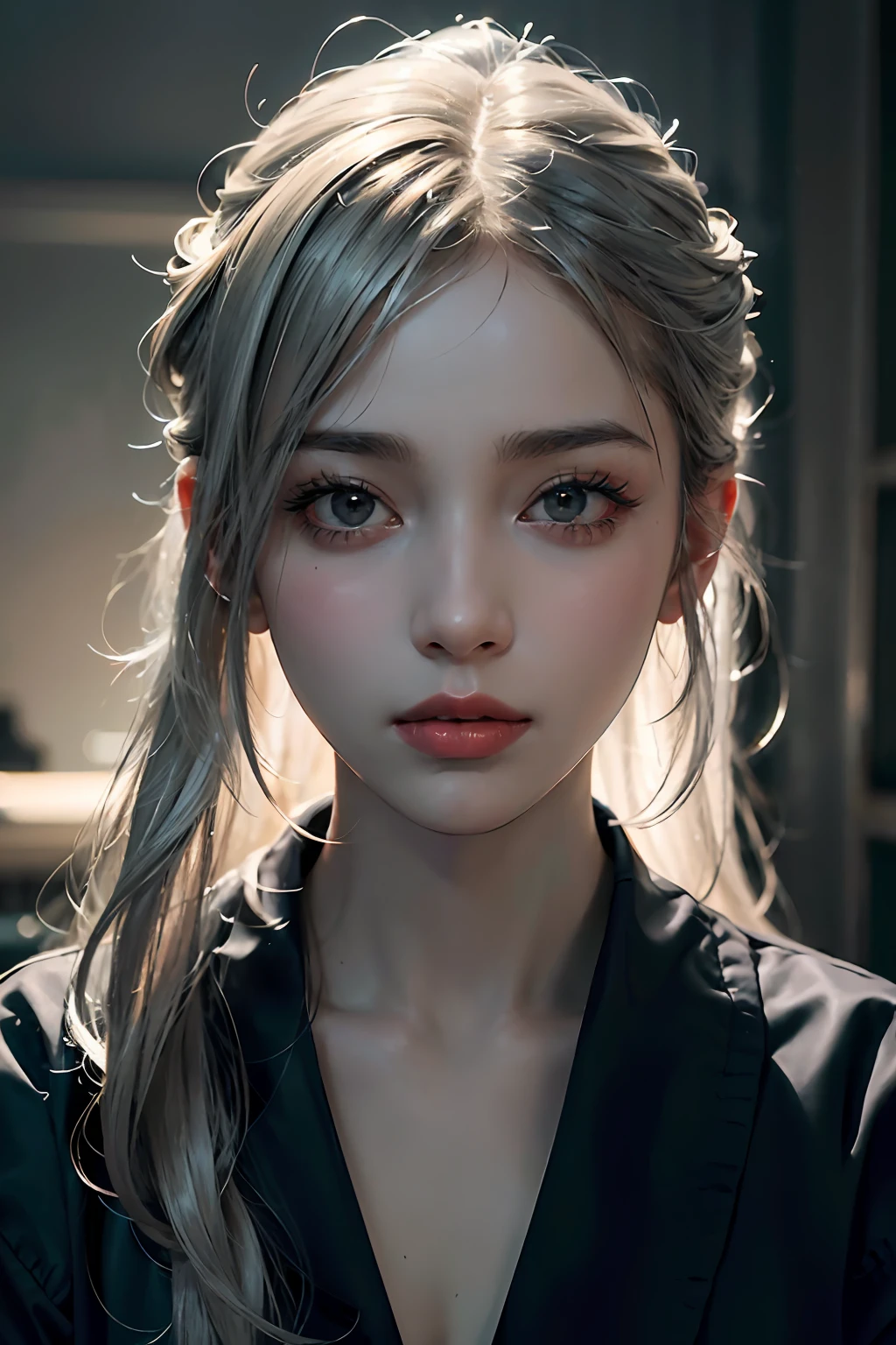 (8k), (best quality), (masterpiece:1.2), (hyperrealism), (photorealistic:1.37), a 20 yo girl , (hi-top fade), long silver hair, dark theme, soothing tones, muted colors, high contrast, (natural skin texture, soft light, sharp),