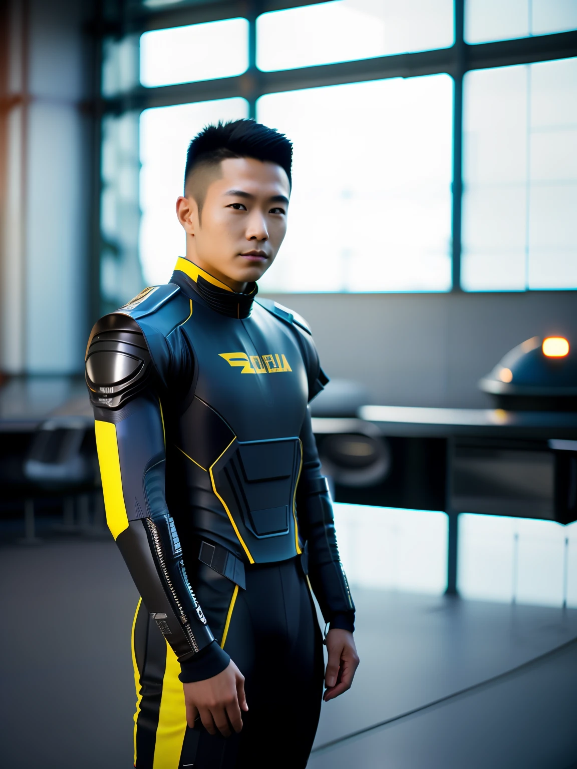 fking_scifi,An award-winning photo of an Asian male high school student,Black latex tights with yellow accents,black color hair,(Gray eye:1.35),Square chin,asymmetric face,(8k, best qualtiy, tmasterpiece: 1.2), (realisticlying, realisticlying: 1.37), ultra - detailed, best qualtiy, 超高分辨率, profesional lighting, photon maping, Radio City, physically-based renderingt, cinmatic lighting , Spaceship scene, depth of fields, focal, rays of sunshine, well-composed, (bokeh: 1.2), 1 boy, (full bodyesbian), (Keep one's mouth shut), beautidful eyes, 80mm,Background bokeh,Mass effect, deactivated, fking_cinema_v2