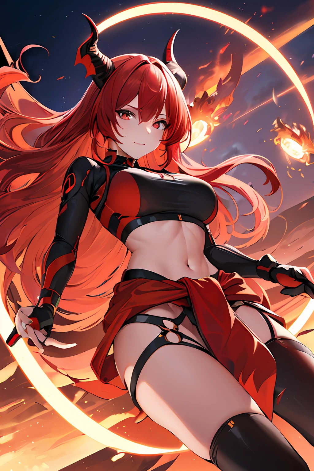 Futuristic Vtuber model concept design of a red wavy-haired woman with one golden eye with her (((torso floating above her waist like it’s been chopped in half))) has demon horns and tail with the end shaped like a fork, futuristic demon wings that disconnect from her body