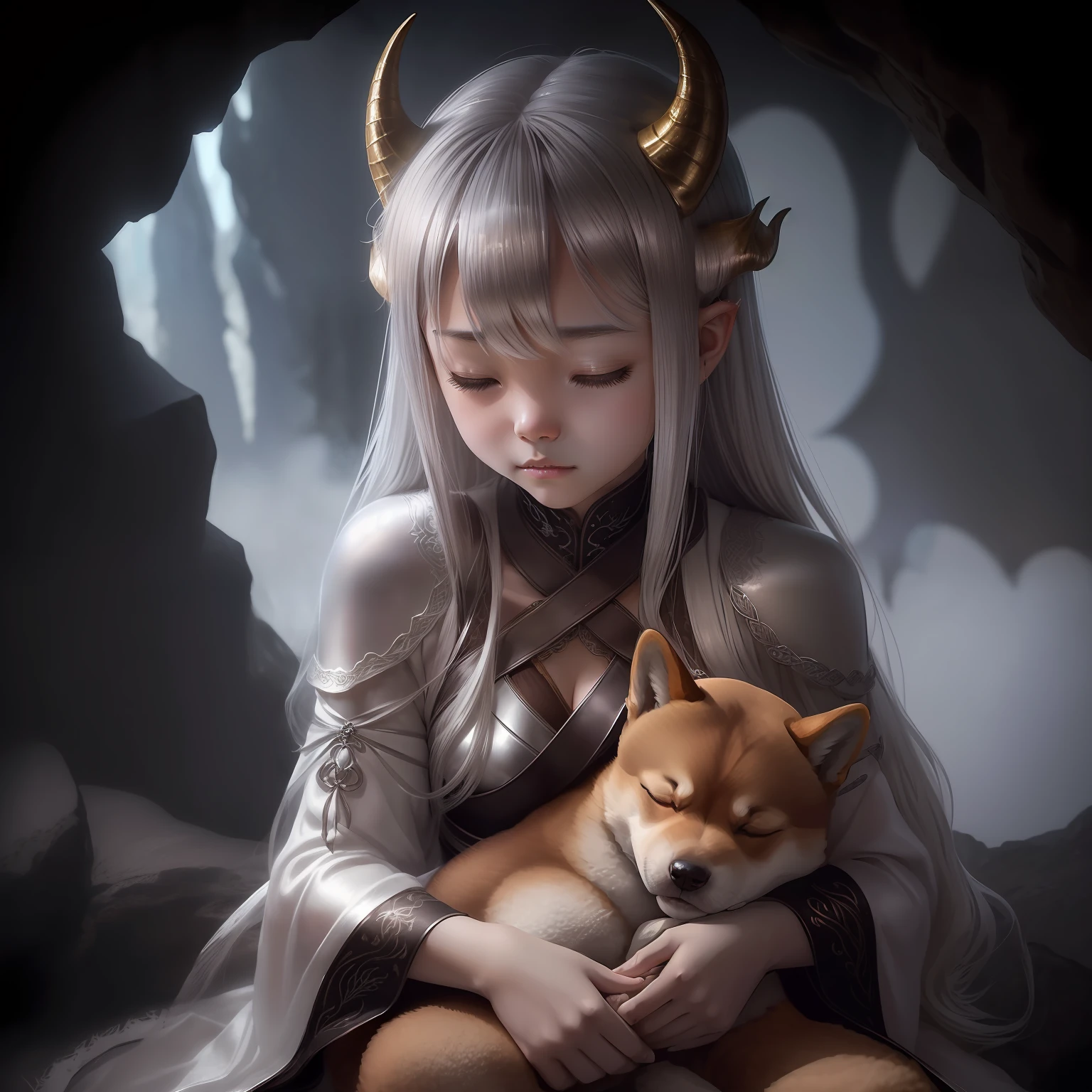 Inside a dimly lit cave、((Clean with horns and wings、Silver-haired dragon tribe girl、Bondage costumes、Depiction of a cute brown Shiba Inu sleeping on his lap))、Close-up photos、Volumetric fog、Halation、、Dramatic atmosphere、central、thirds rule、